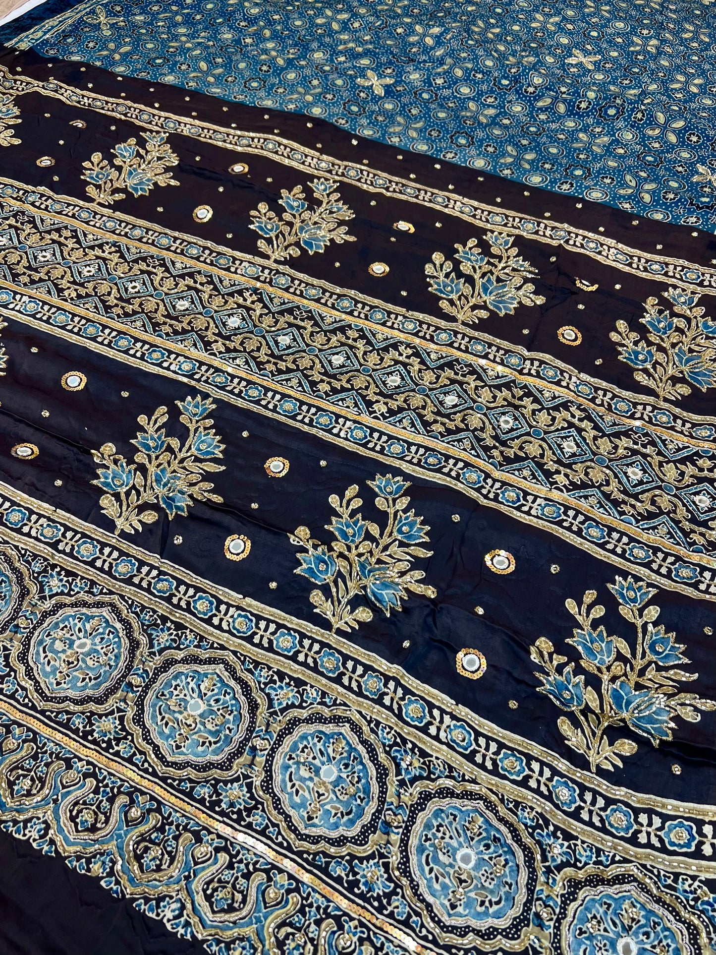 INDIGO FLORA - Pure Modal Ajrakh Hand Embroidered Saree