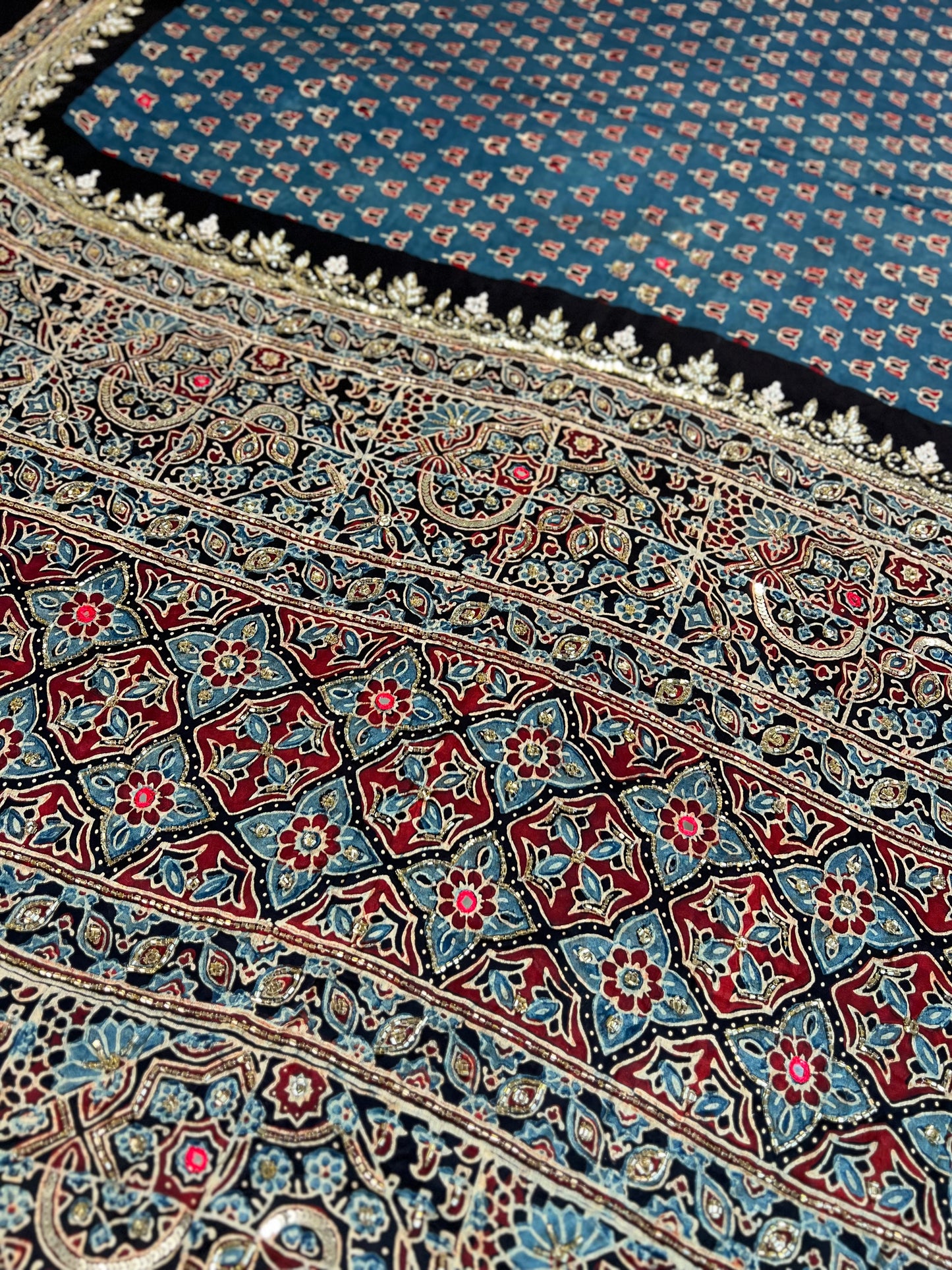 BLUE MEADOW - Pure Modal Ajrakh Hand Embroidered Saree