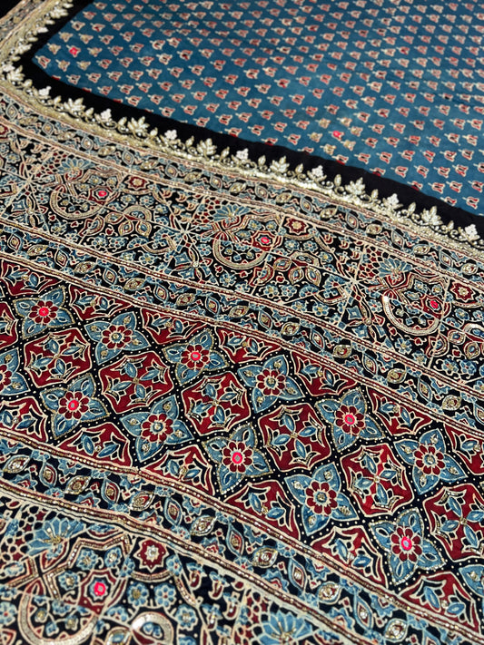 BLUE MEADOW - Pure Modal Ajrakh Hand Embroidered Saree