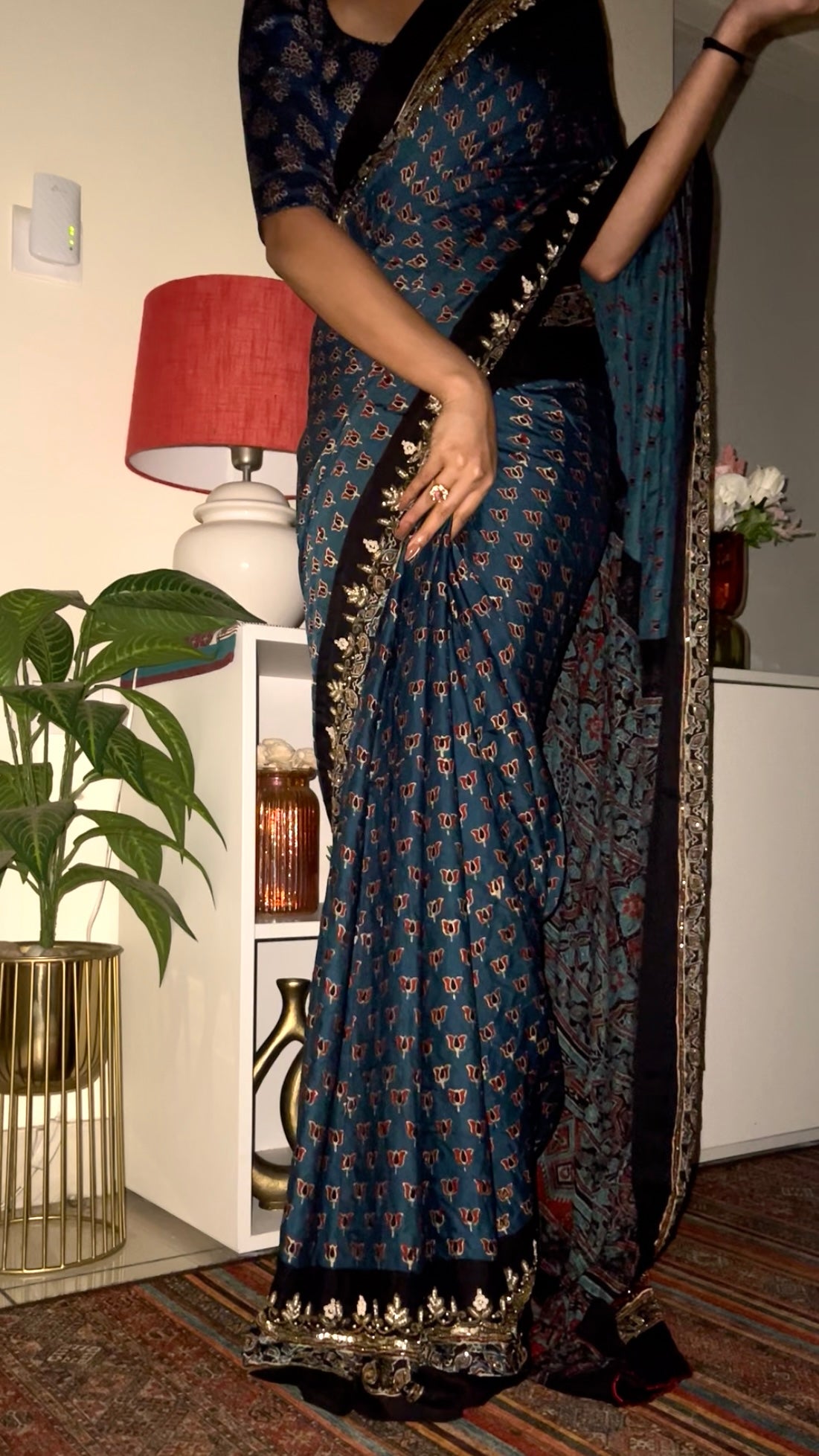 BLUE MEADOW - Pure Modal Ajrakh Hand Embroidered Saree