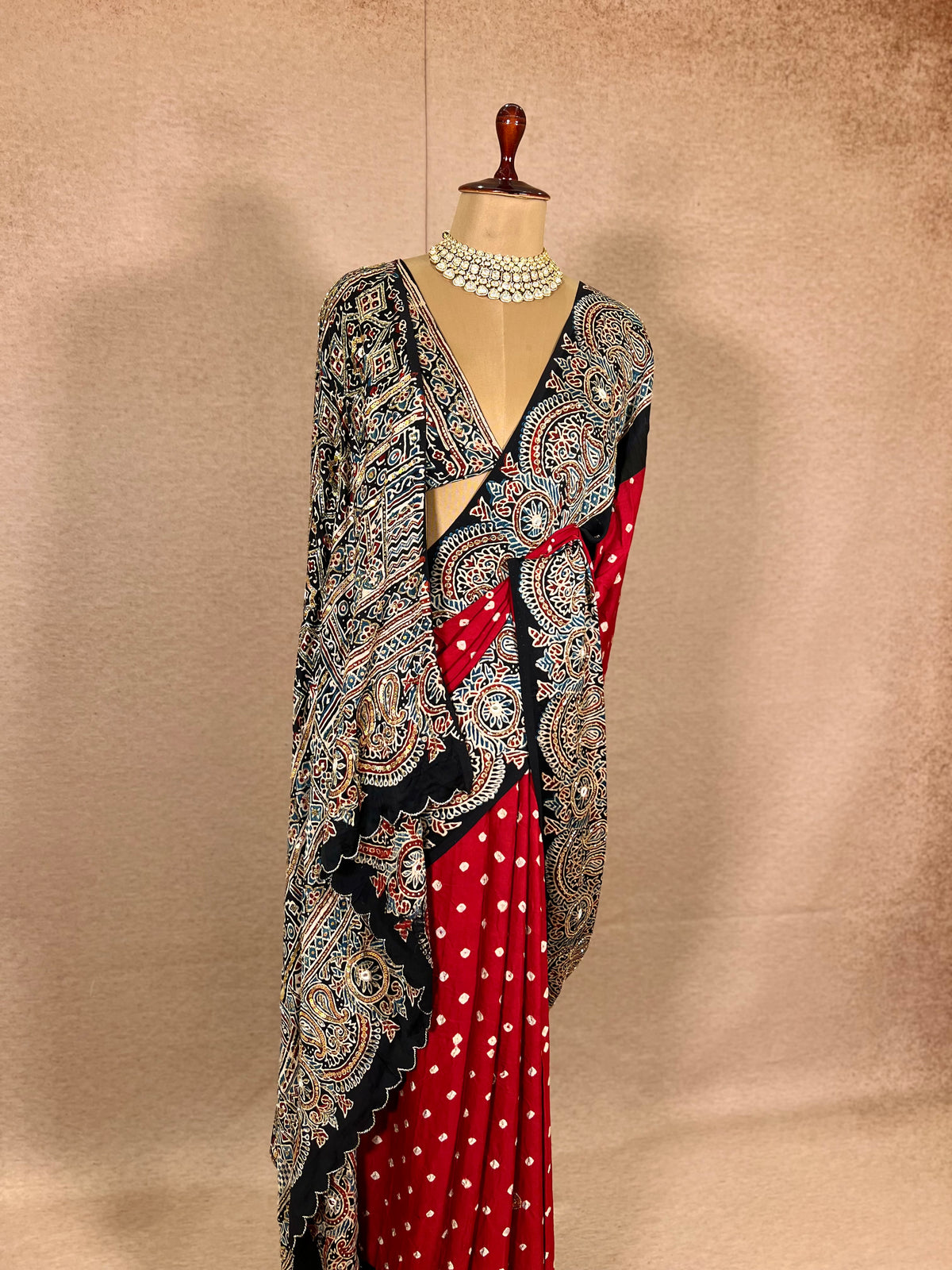 RED SPLENDOUR - Pure Modal Bandhani Ajrakh Hand Embroidered Saree