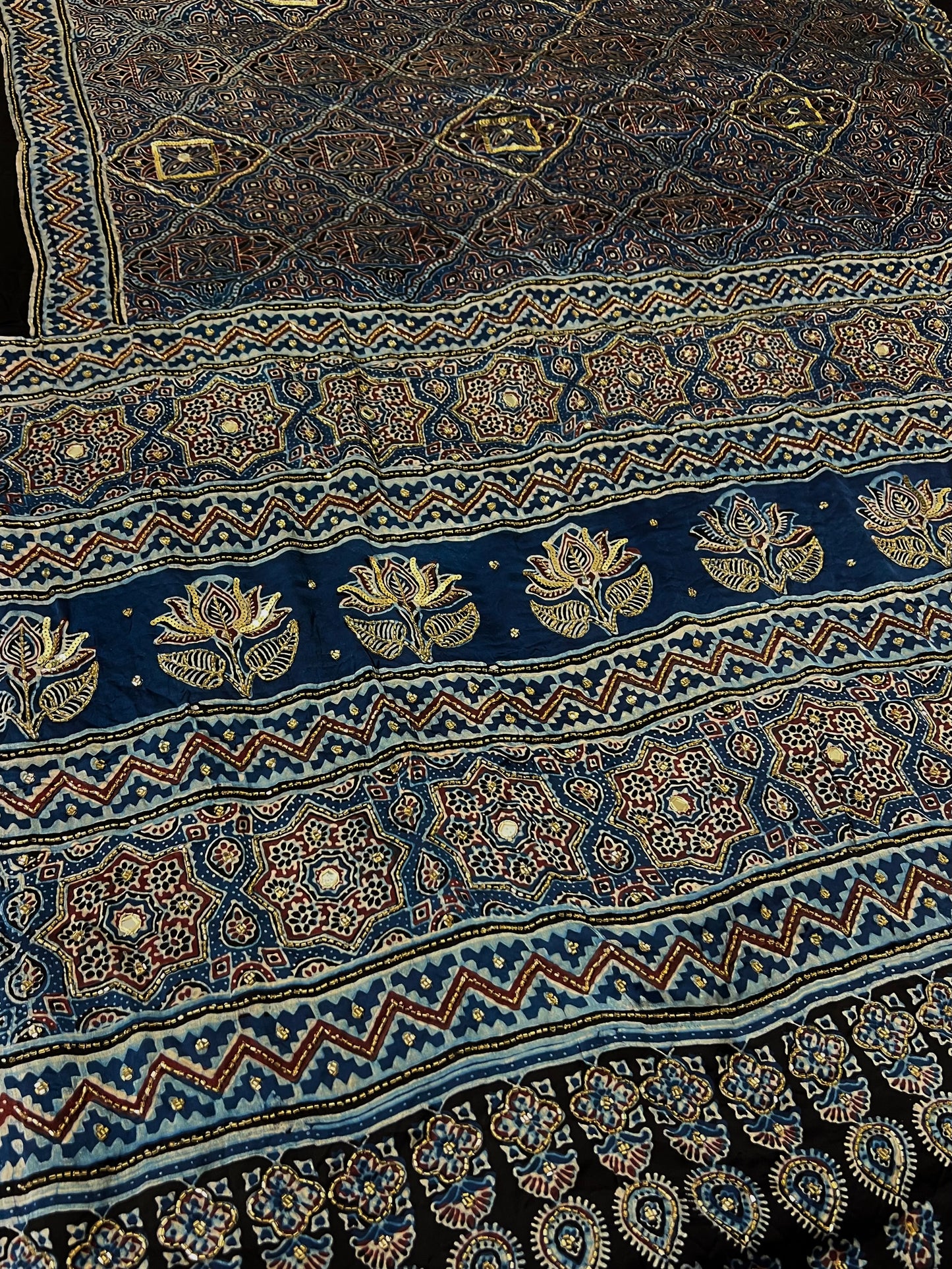 AZURE MUSE - Pure Modal Ajrakh Hand Embroidered Saree