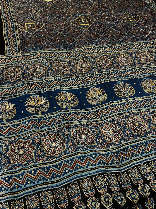 AZURE MUSE - Pure Modal Ajrakh Hand Embroidered Saree