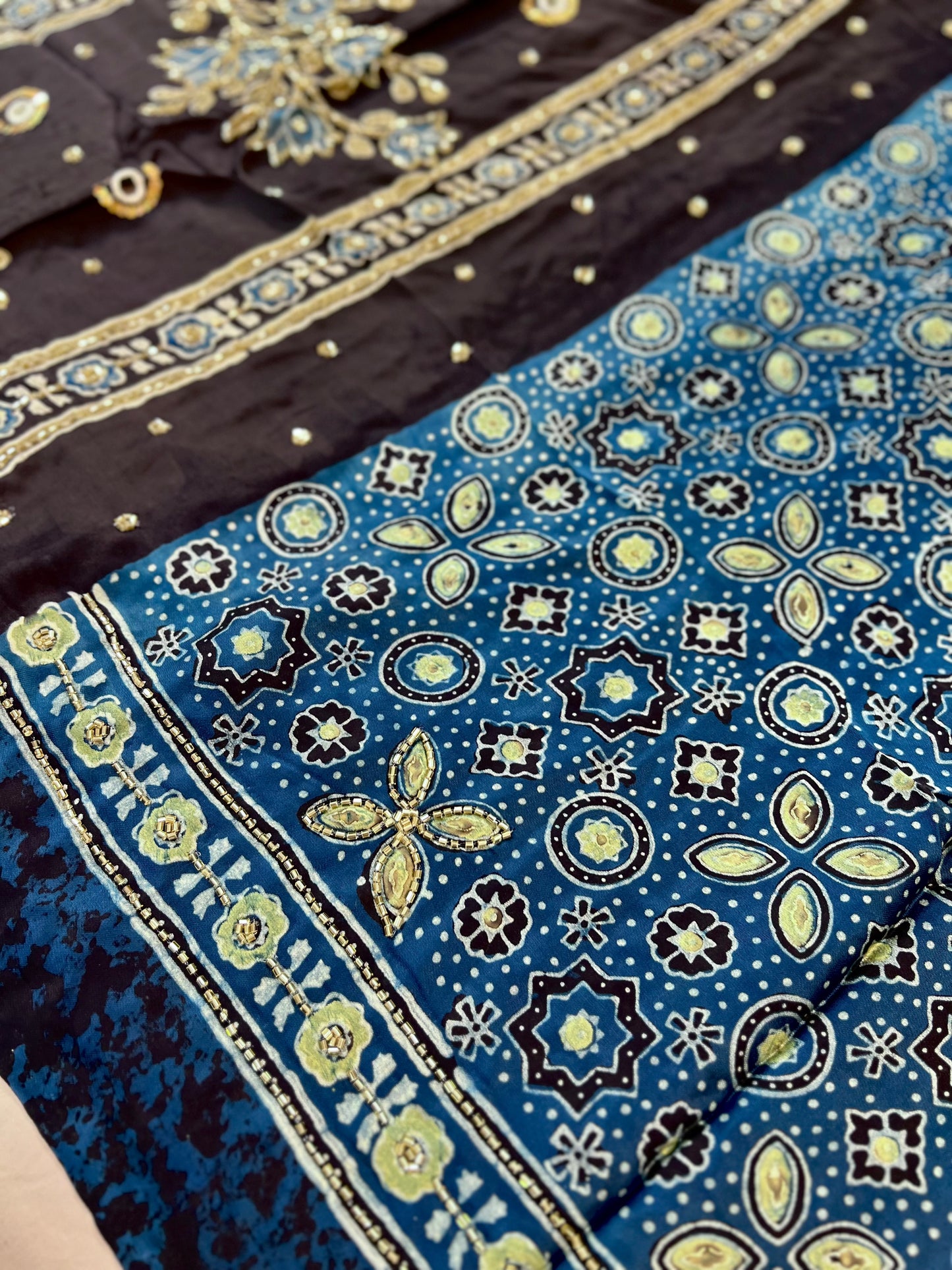 INDIGO FLORA - Pure Modal Ajrakh Hand Embroidered Saree
