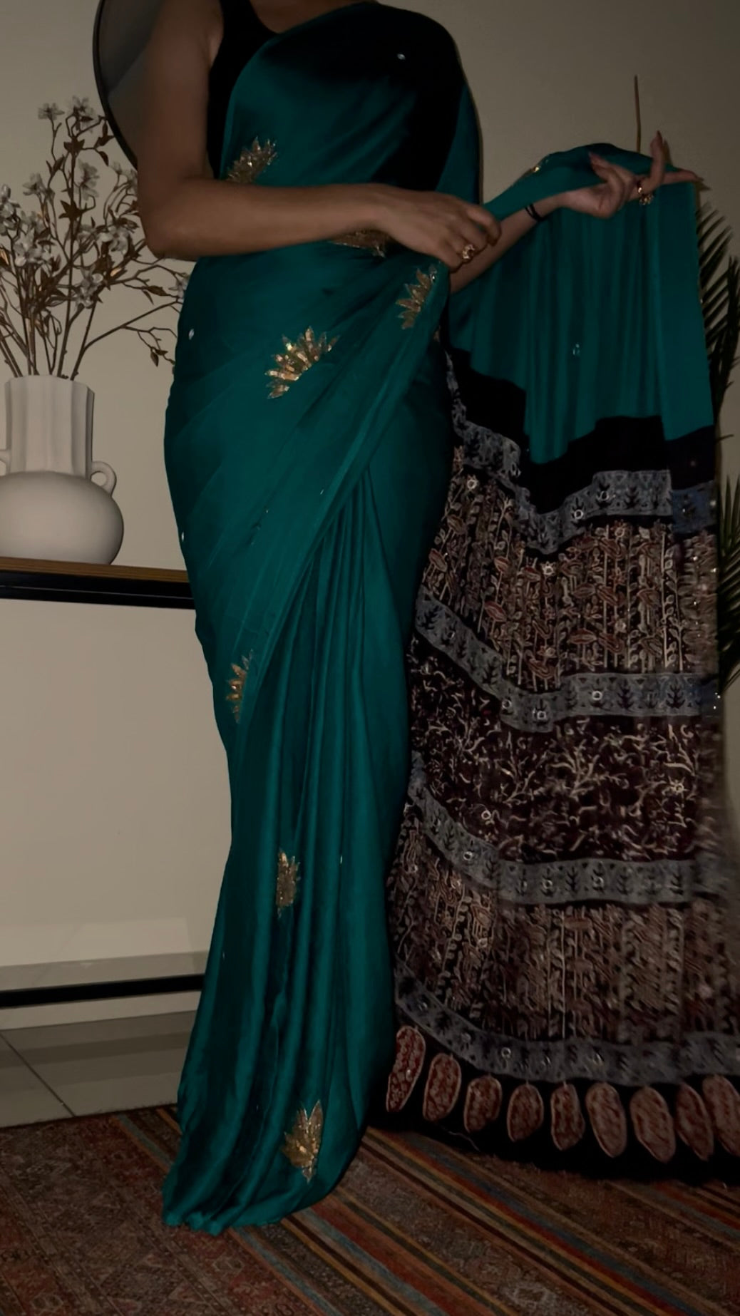JADE LOTUS - Pure Modal Ajrakh Hand Embroidered Saree