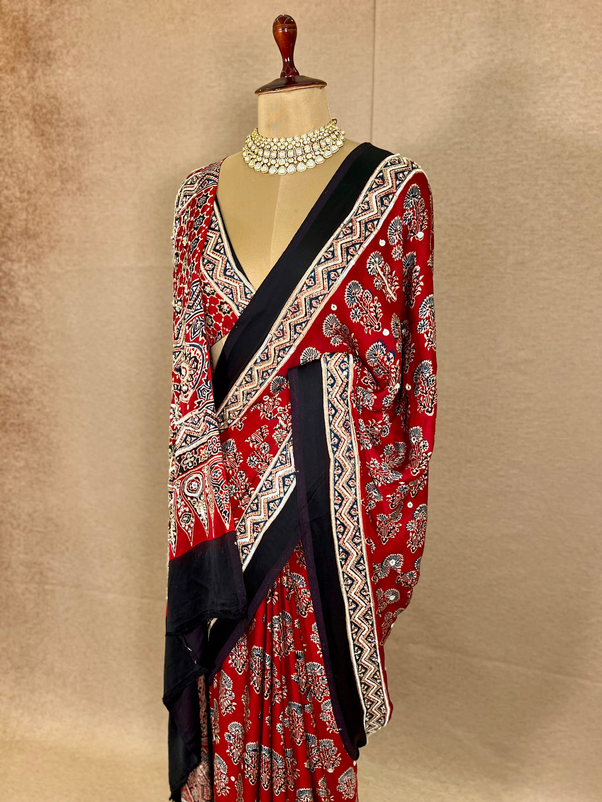PASSION BLOOM - Pure Modal Ajrakh Hand Embroidered Saree