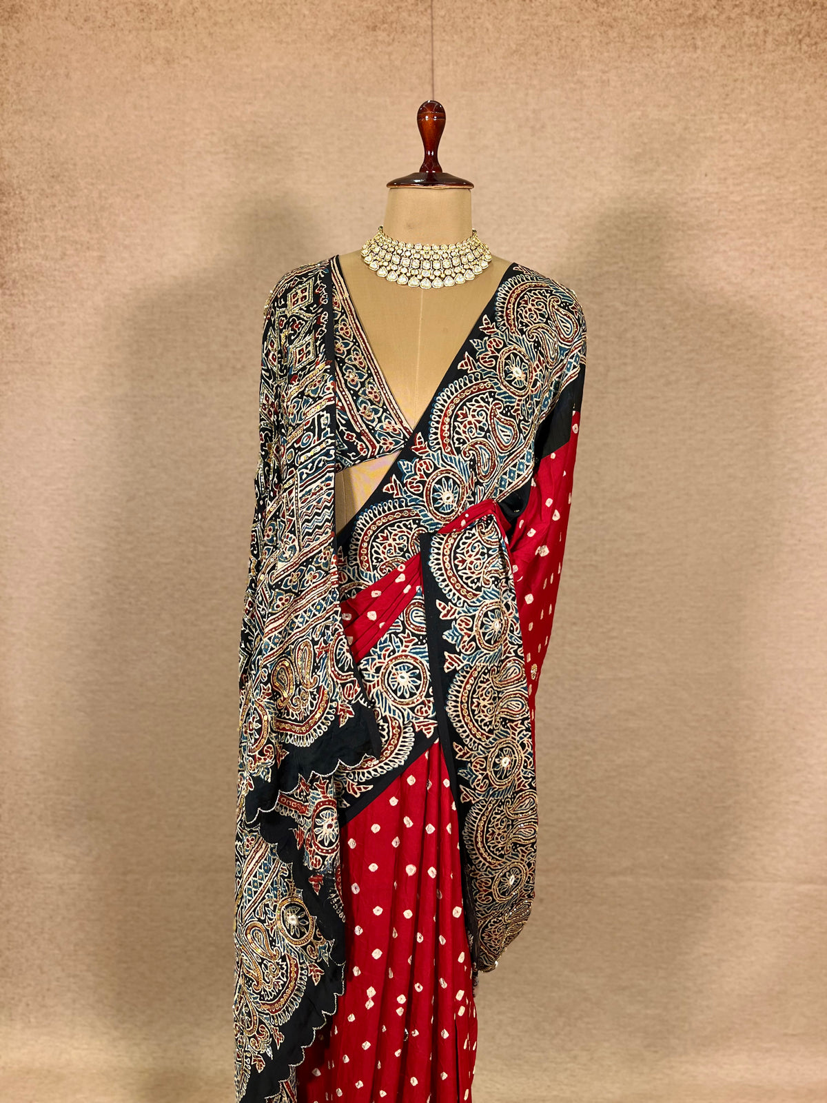 RED SPLENDOUR - Pure Modal Bandhani Ajrakh Hand Embroidered Saree
