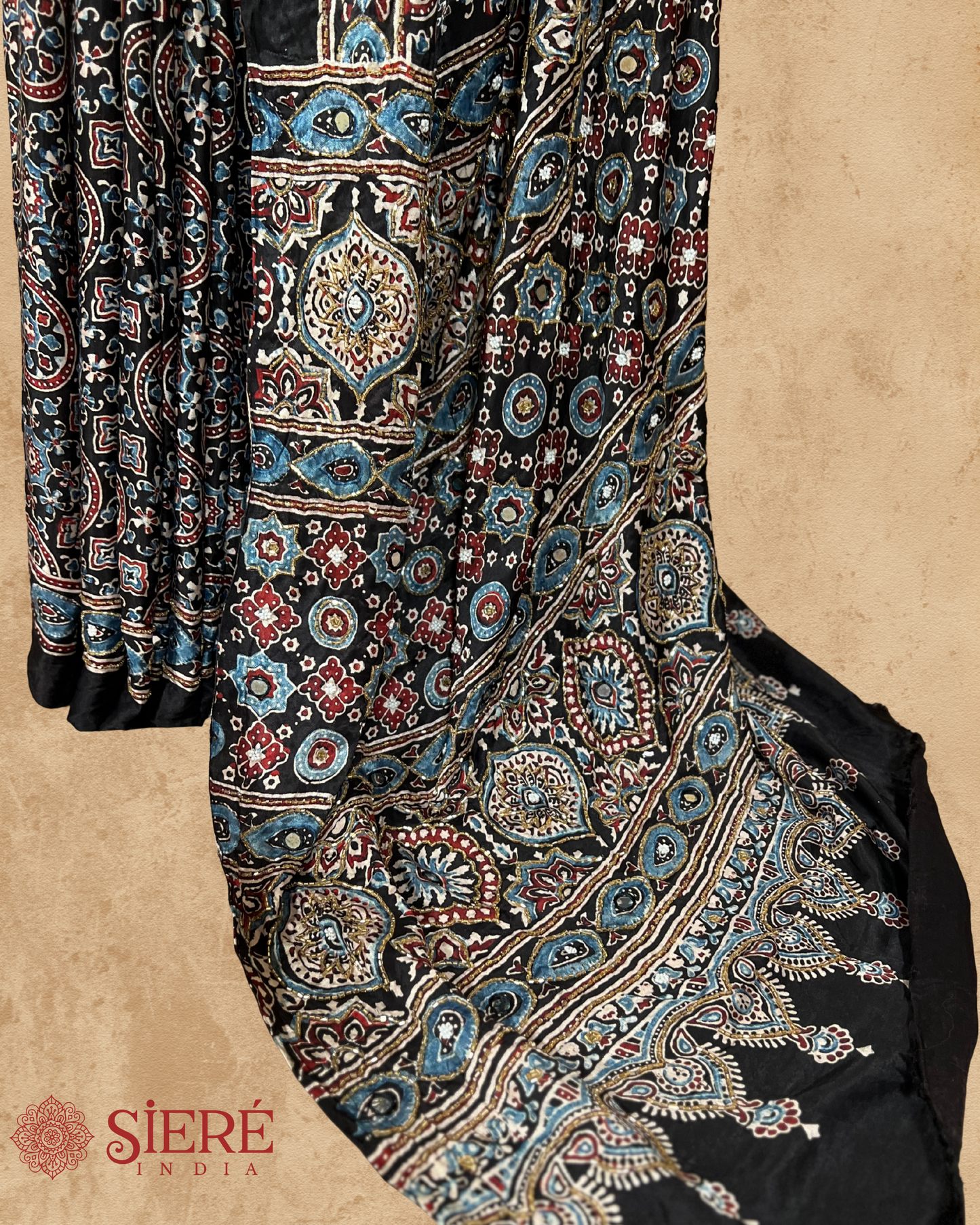 Black and Blue Pure Modal Ajrakh Hand Embroidered Saree