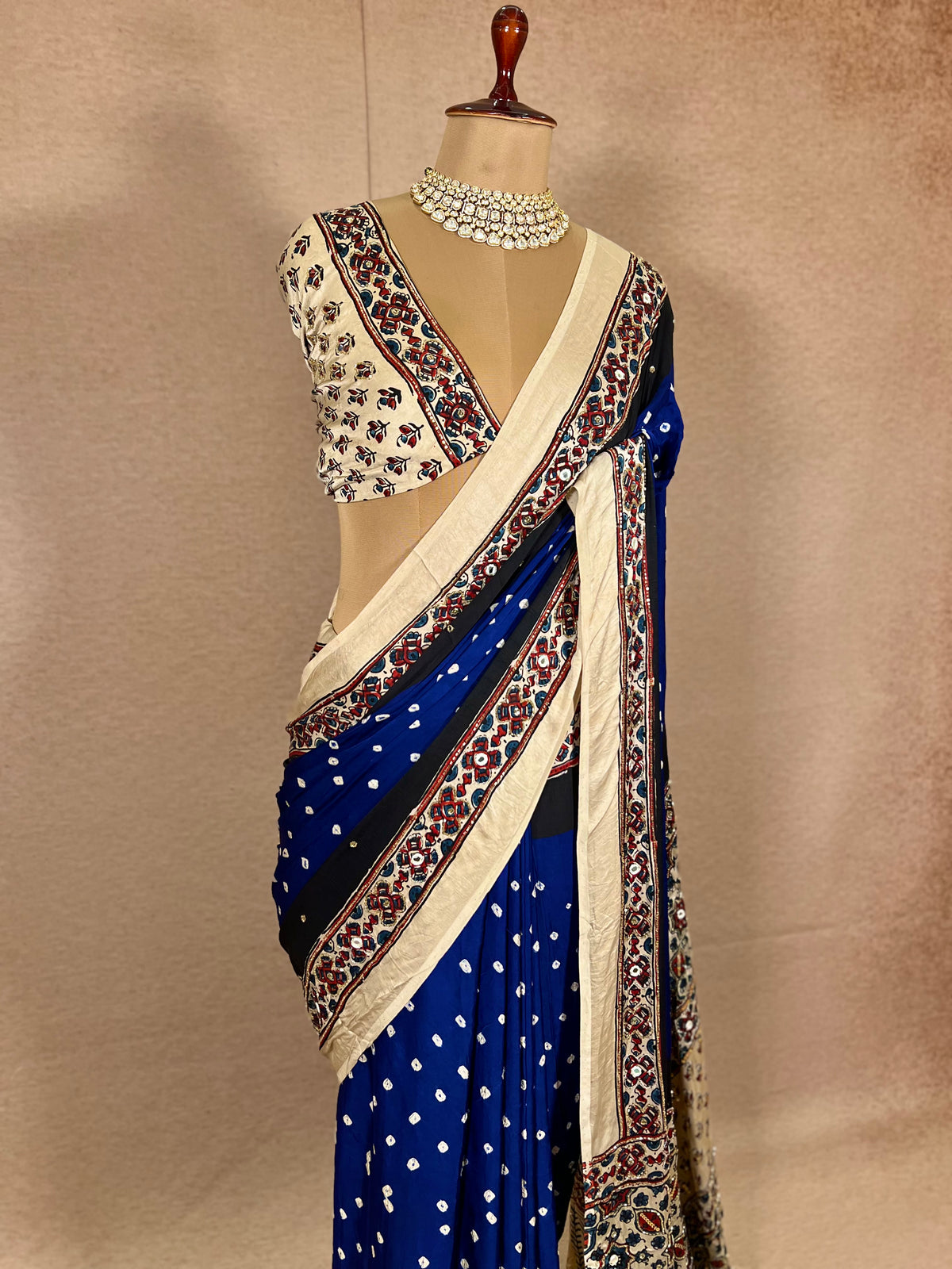 BLUE ROYALTY - Pure Modal Bandhani Ajrakh Hand Embroidered Saree