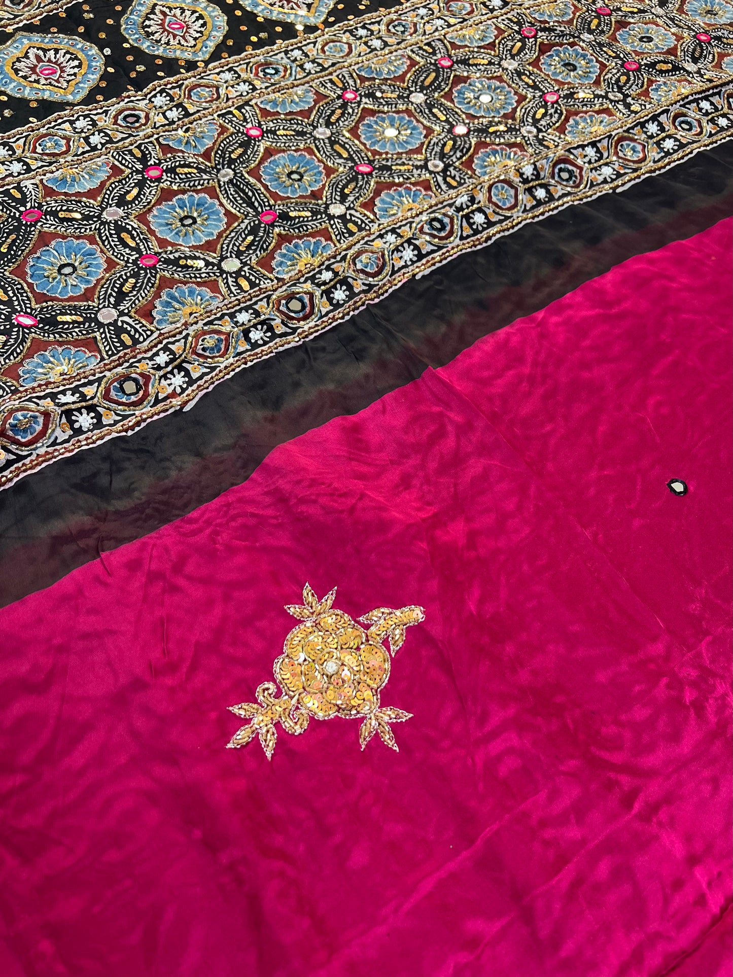 RANI ROSE - Pure Modal Ajrakh Hand Embroidered Saree