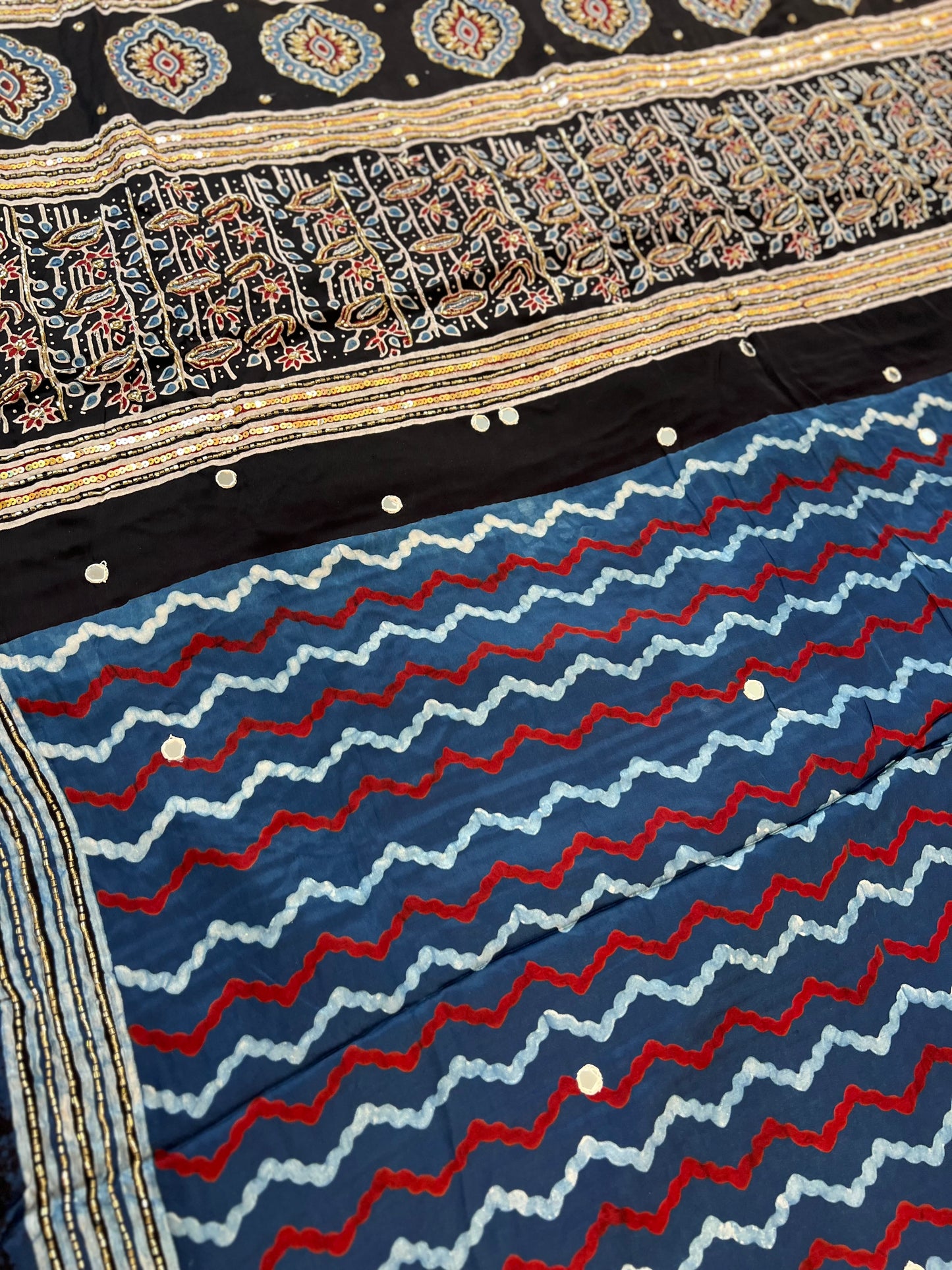 BLUE MIRAGE - Pure Modal Ajrakh Hand Embroidered Saree