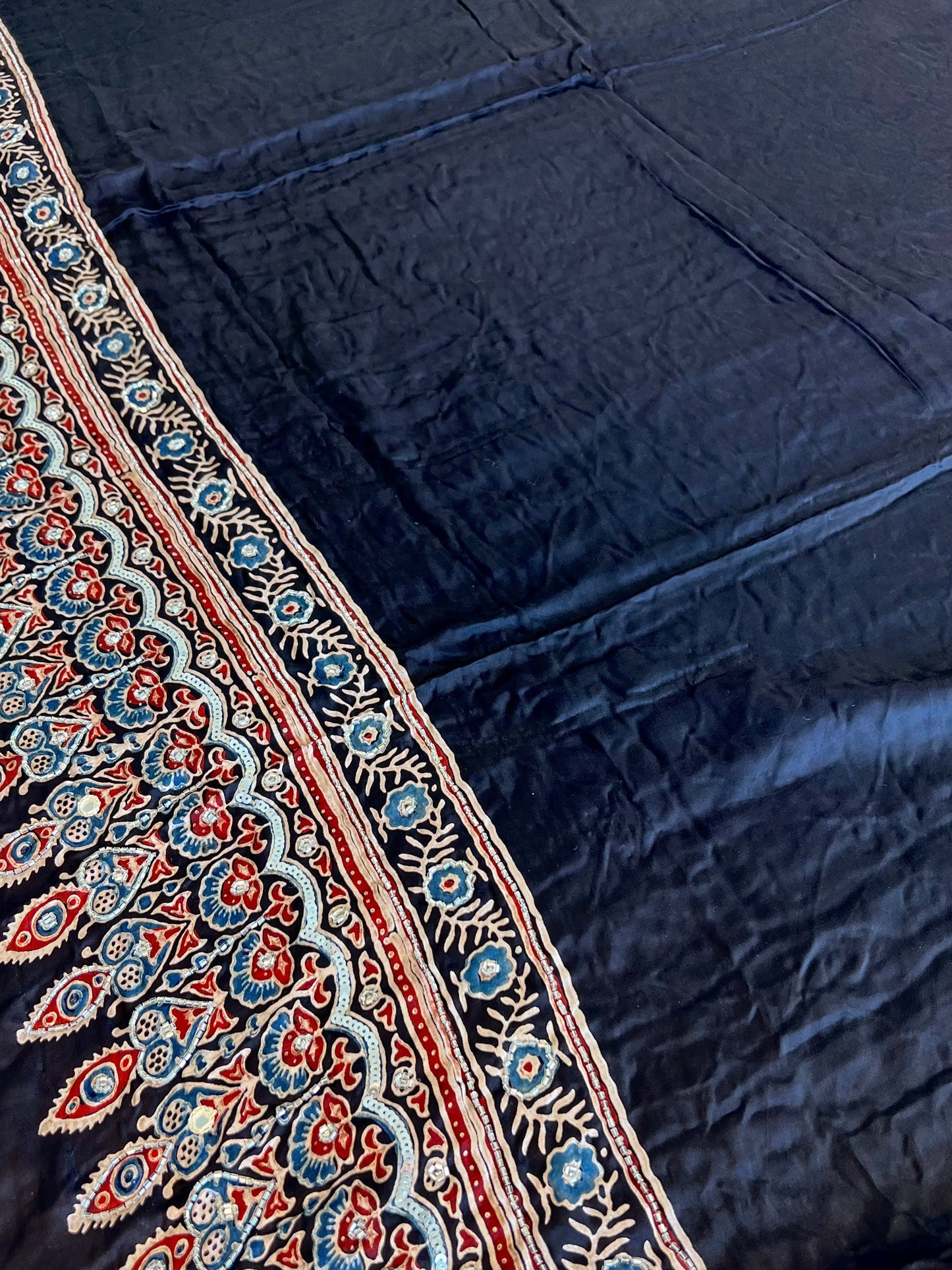 Celestial Night - Pure Modal Ajrakh Hand Embroidered Saree