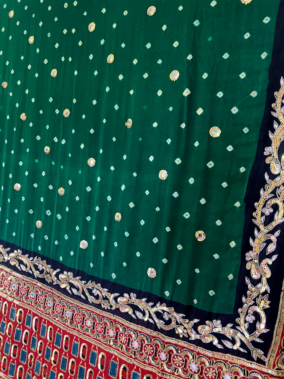 GREEN OPULENCE - Pure Modal Bandhani Ajrakh Hand Embroidered Saree