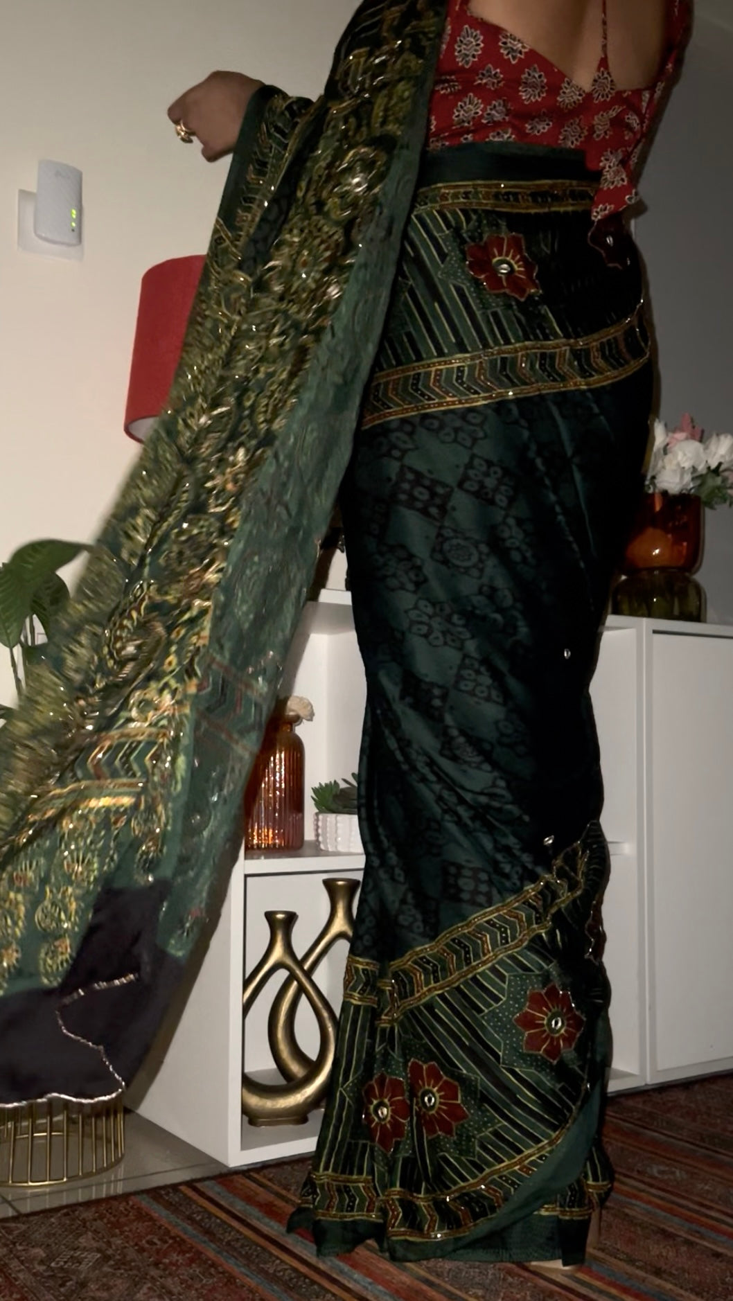 FOREST MIST - Pure Modal Ajrakh Hand Embroidered Saree