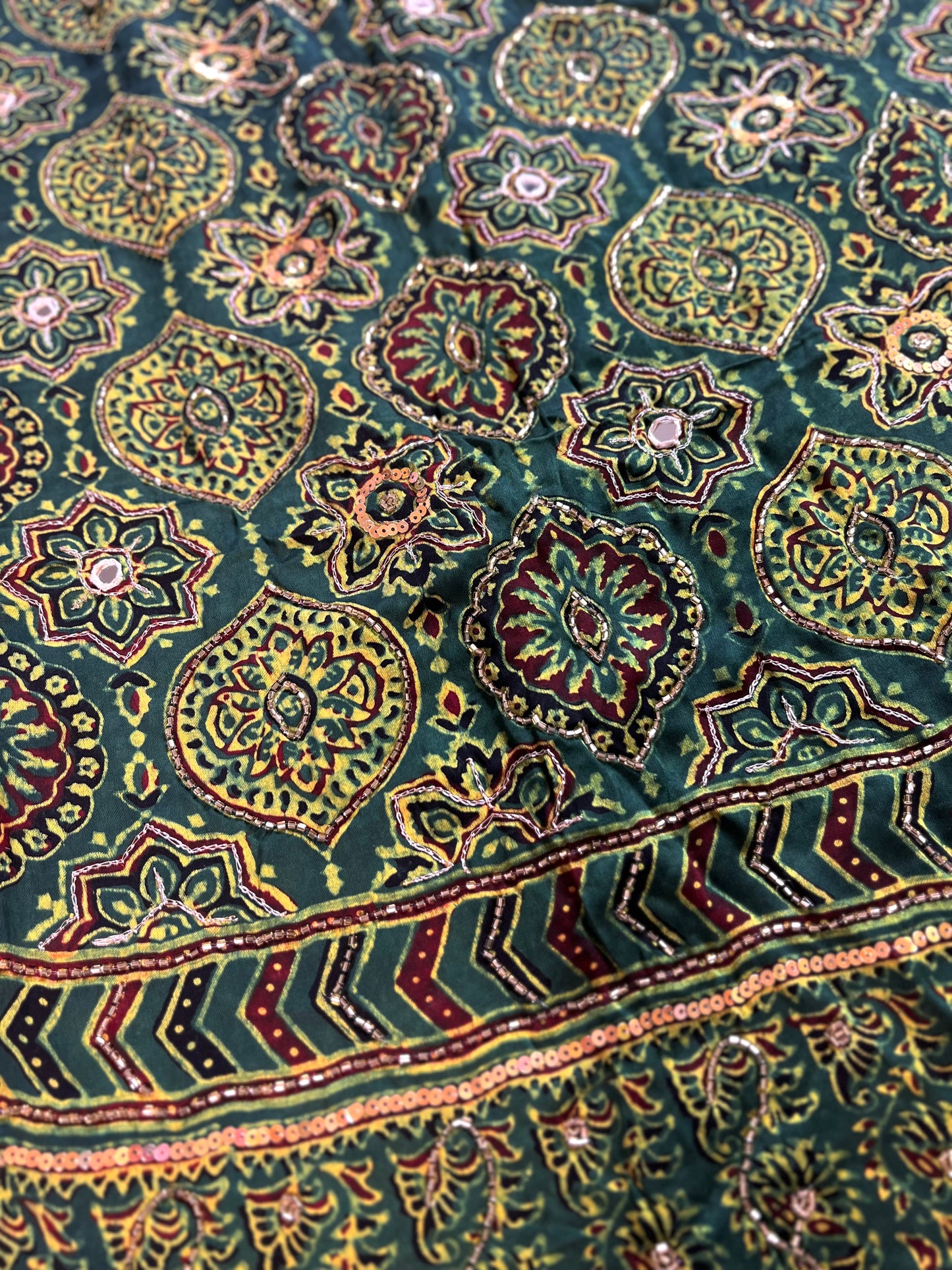 FOREST MIST - Pure Modal Ajrakh Hand Embroidered Saree