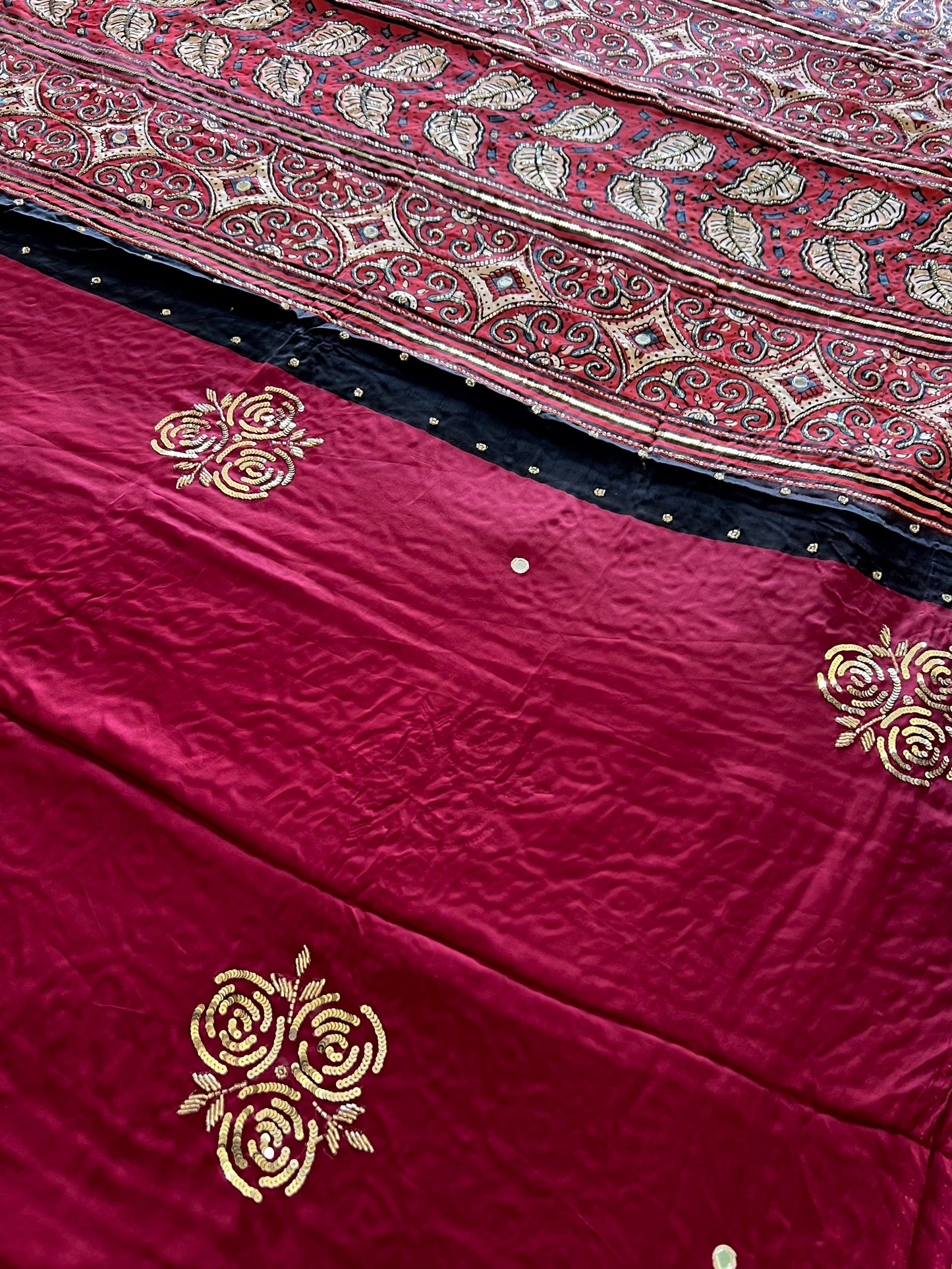 PASSION ROSE - Pure Modal Ajrakh Hand Embroidered Saree
