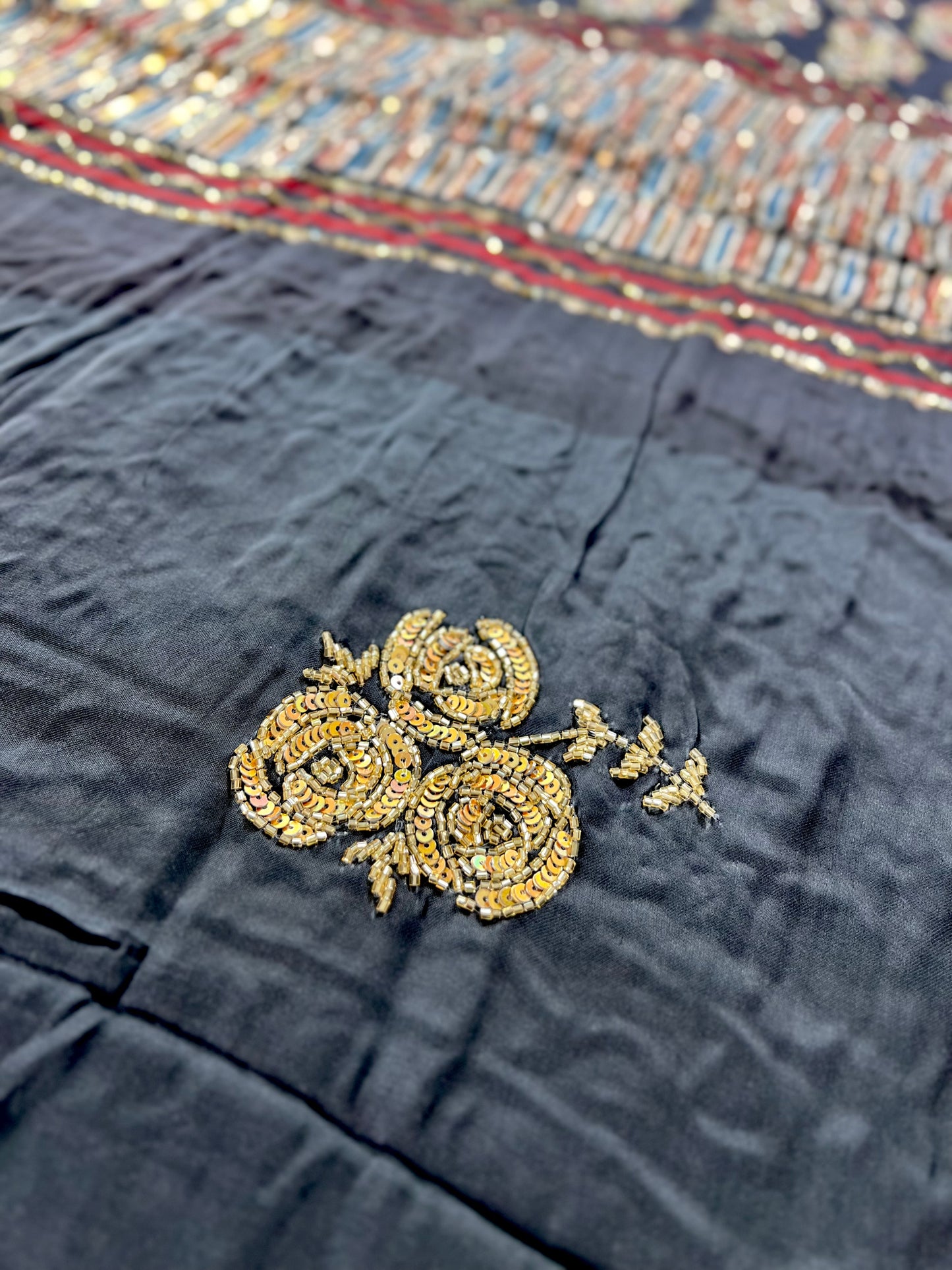 NIGHT ROSE - Pure Modal Ajrakh Hand Embroidered Saree