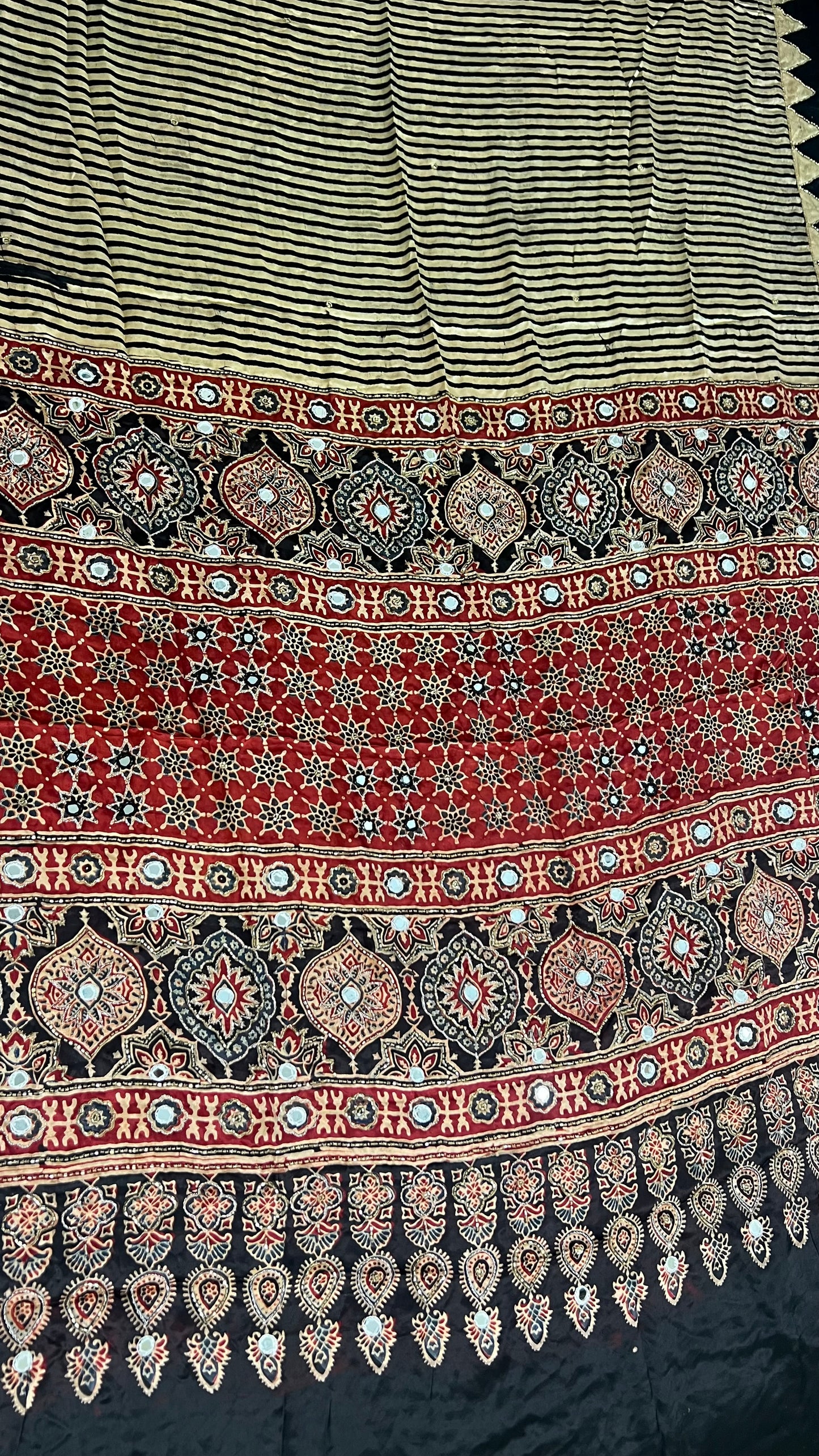 Cream and Black Striped Modal Ajrakh Hand Embroidered Saree with Red and Black Motifs