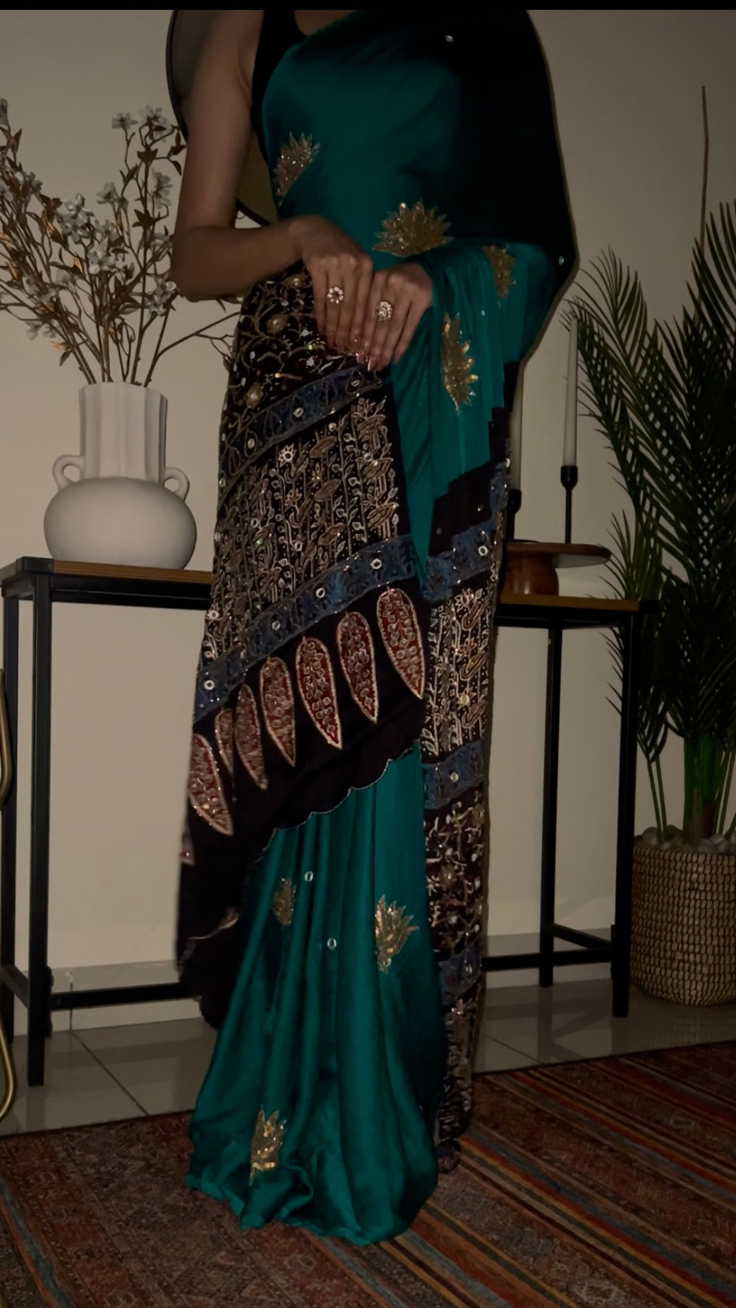 JADE LOTUS - Pure Modal Ajrakh Hand Embroidered Saree