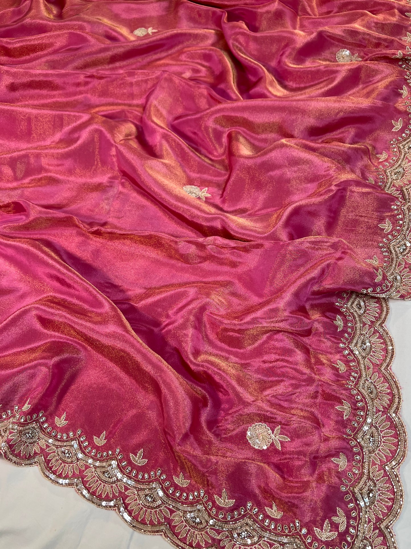 Pink Zardosi Embroidered Tissue Designer Saree with Unstitched Blouse