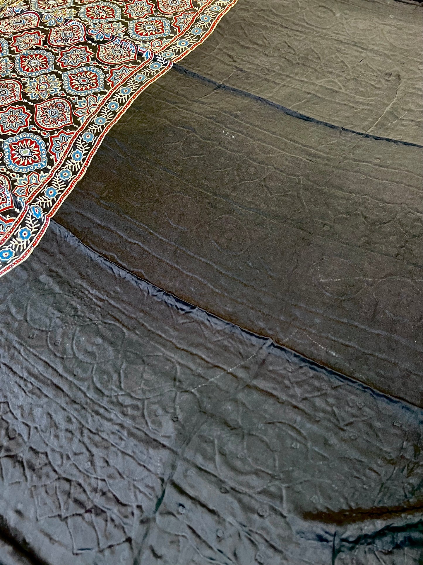 MIDNIGHT BLOOM - Pure Modal Ajrakh Hand Embroidered Saree