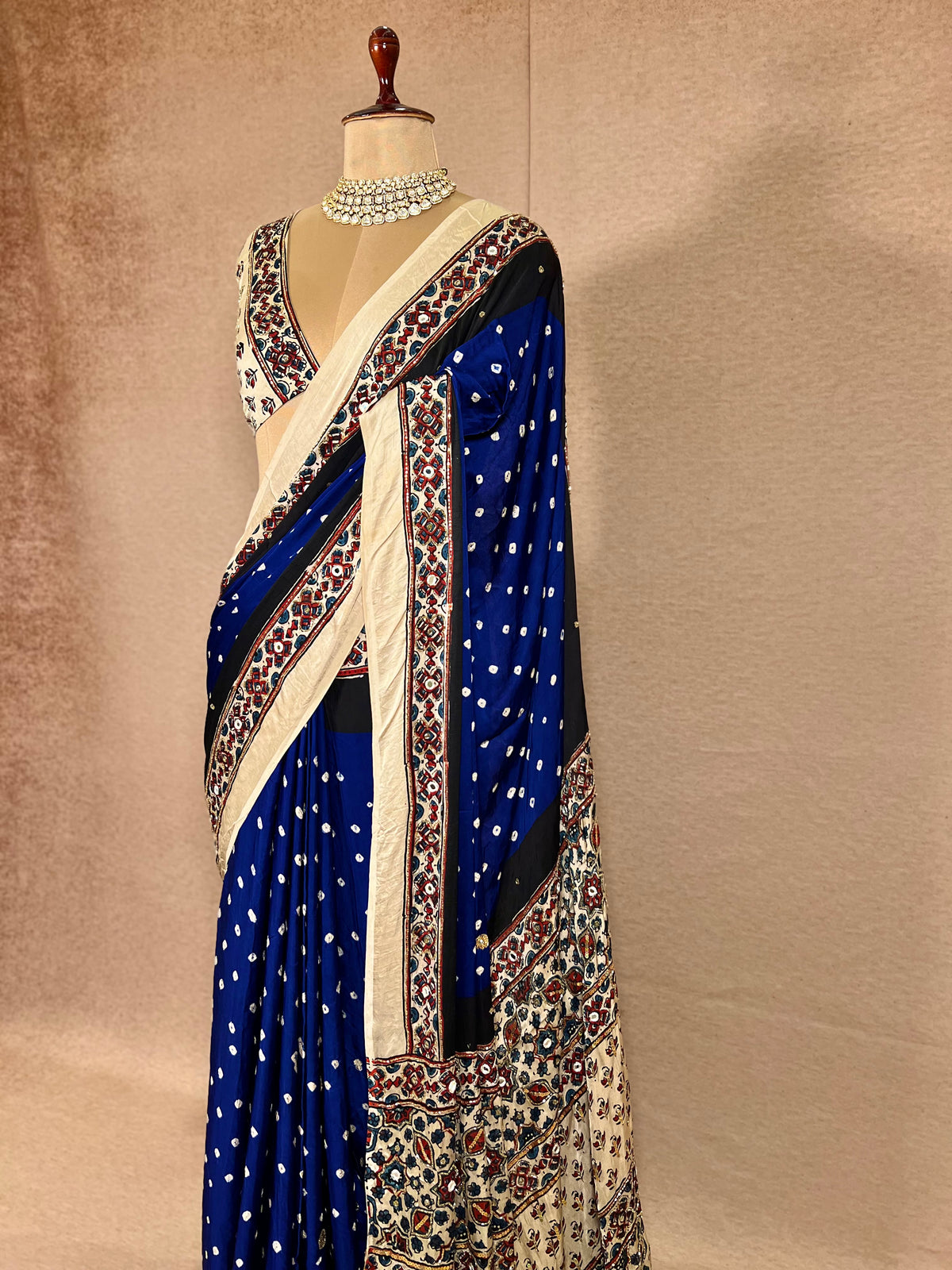 BLUE ROYALTY - Pure Modal Bandhani Ajrakh Hand Embroidered Saree