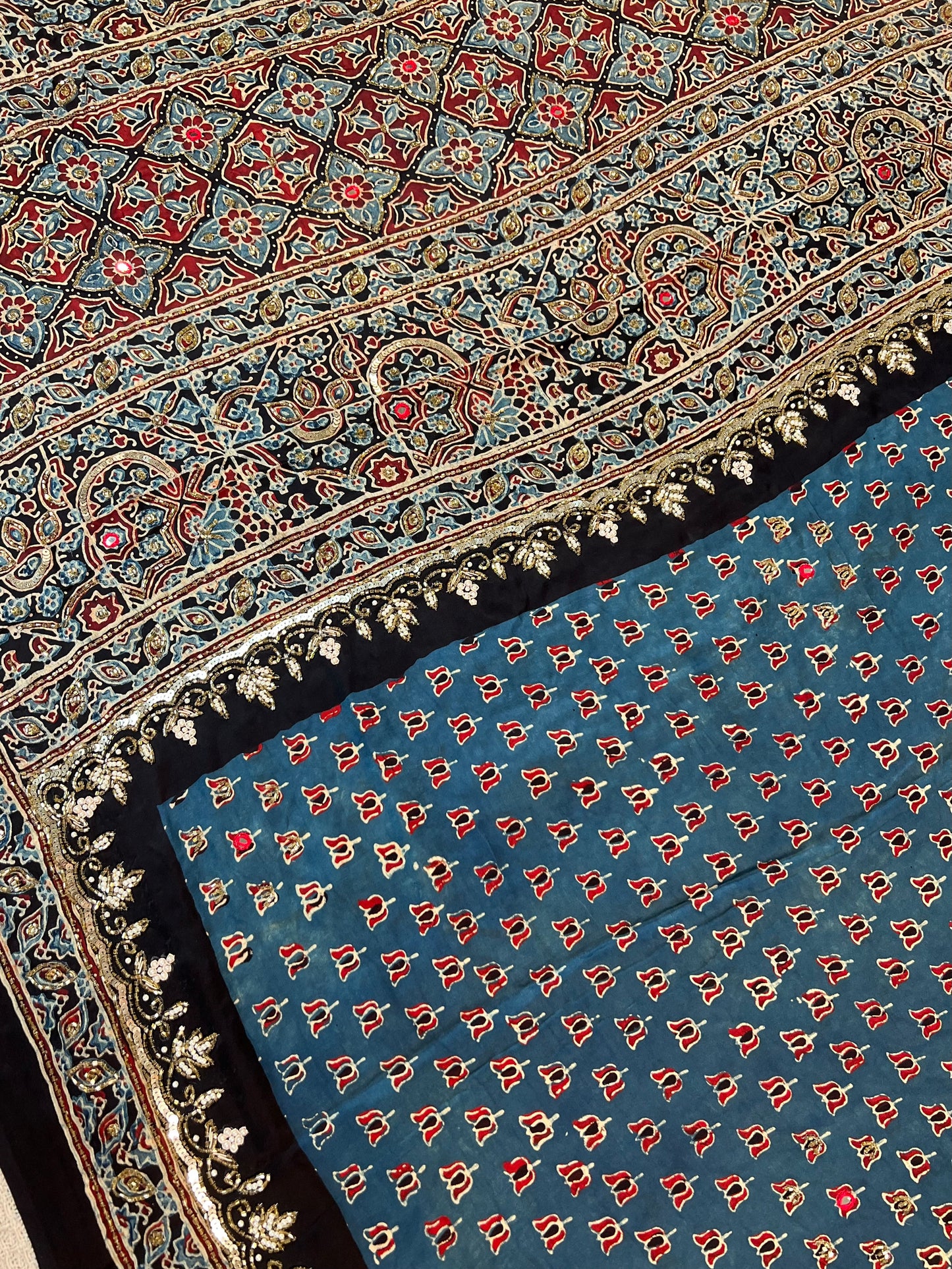 BLUE MEADOW - Pure Modal Ajrakh Hand Embroidered Saree