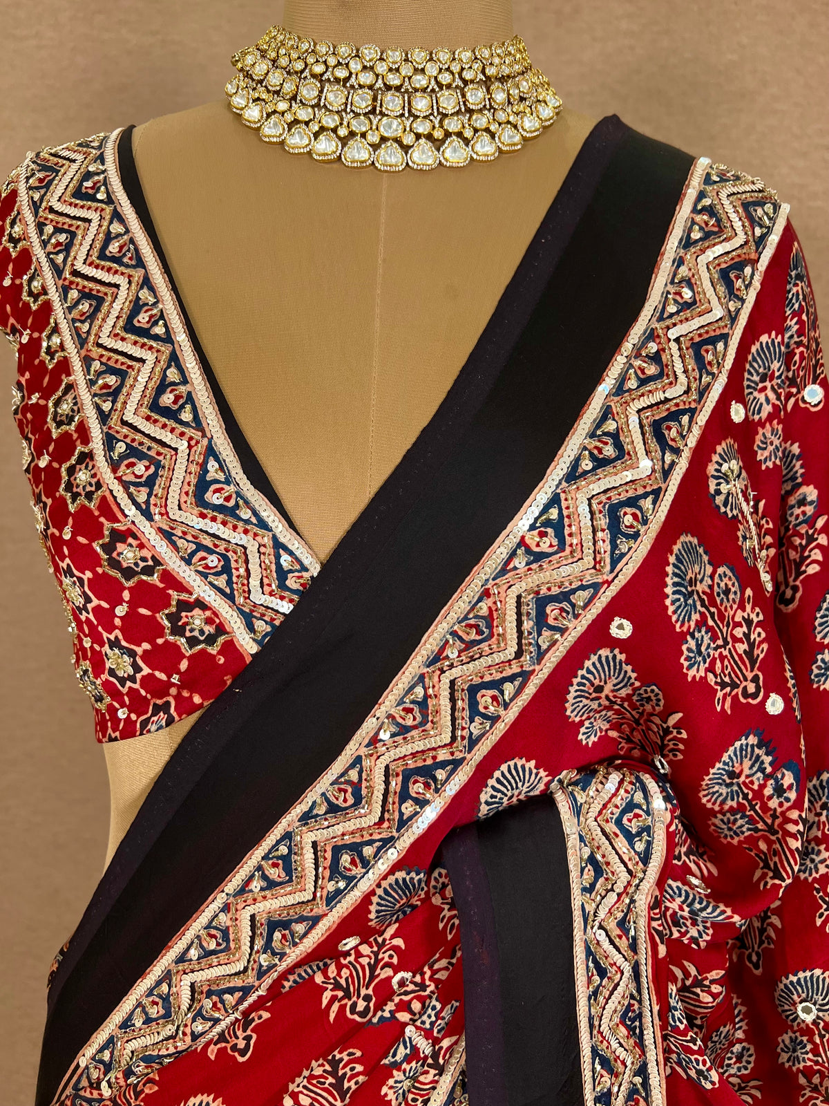 PASSION BLOOM - Pure Modal Ajrakh Hand Embroidered Saree
