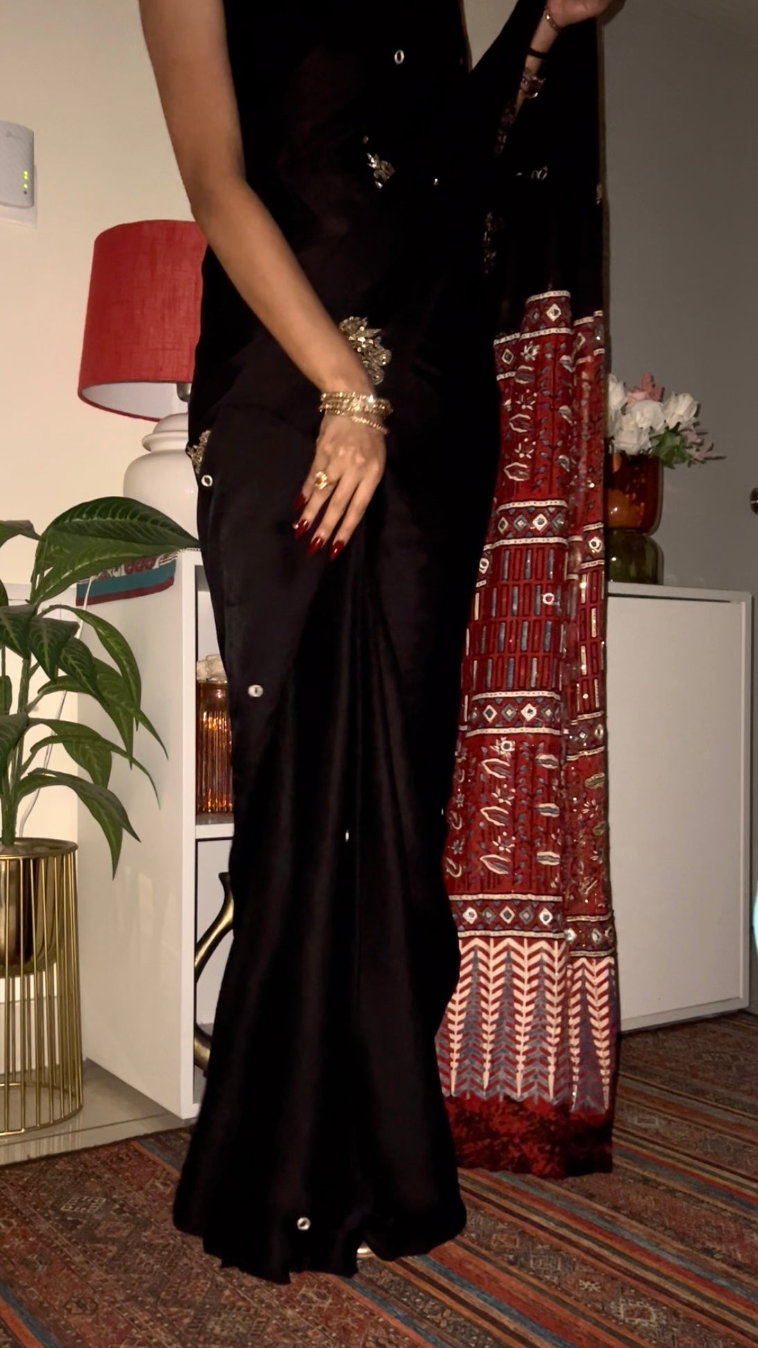 NIGHT ORCHID - Pure Modal Ajrakh Hand Embroidered Saree