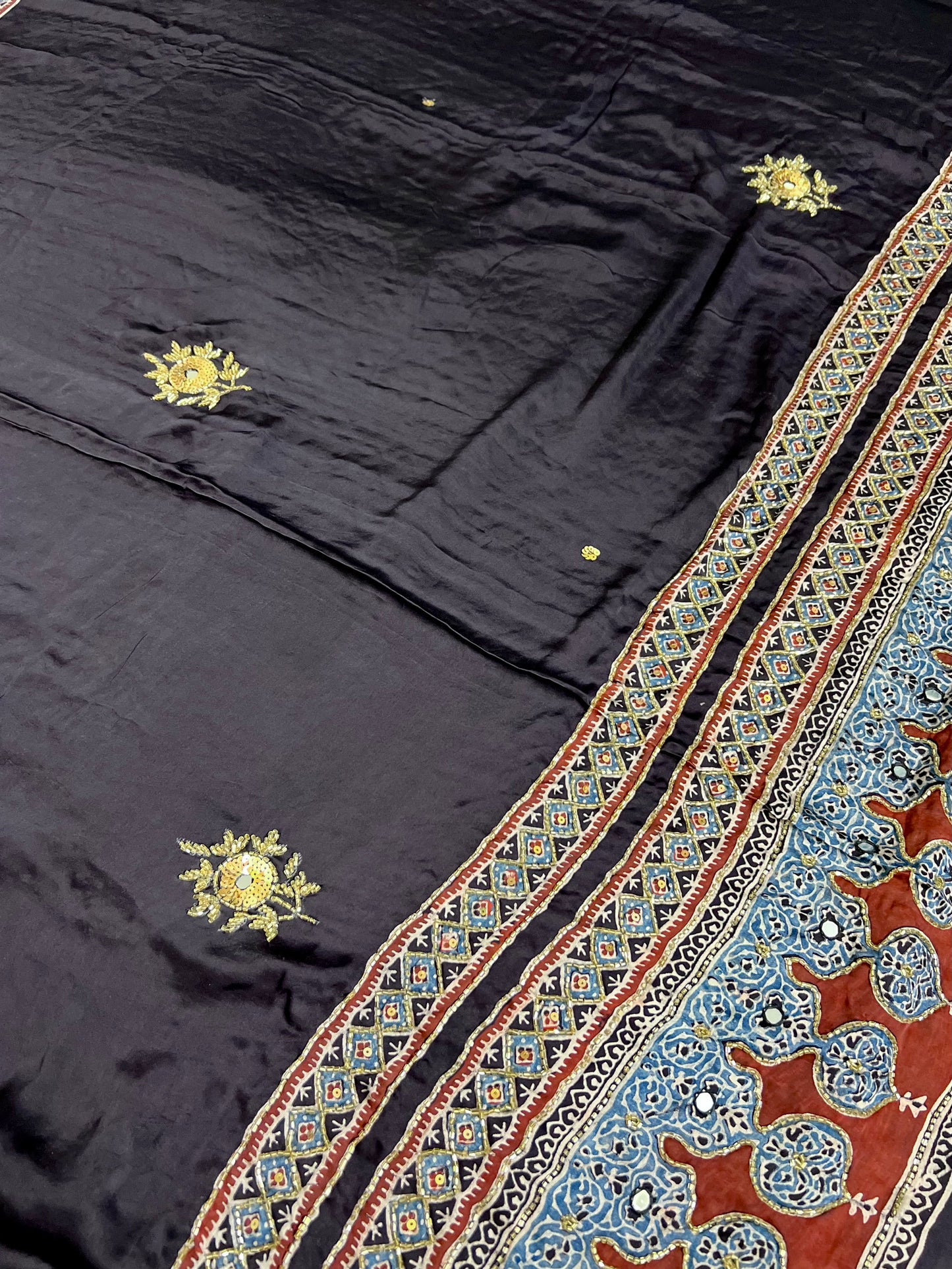 MIDNIGHT LUXE - Pure Modal Ajrakh Hand Embroidered Saree