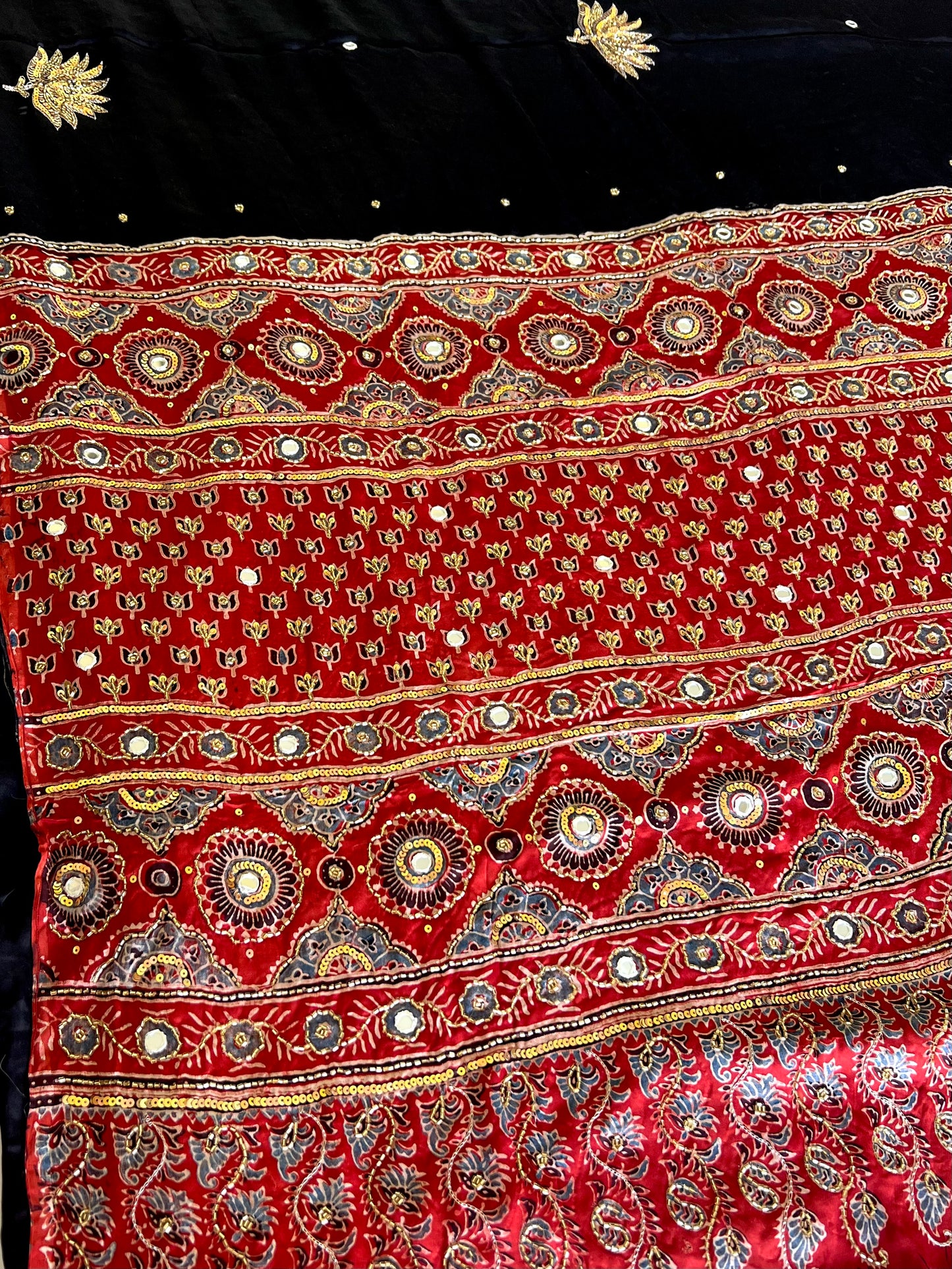 EBONY LOTUS - Pure Modal Ajrakh Hand Embroidered Saree