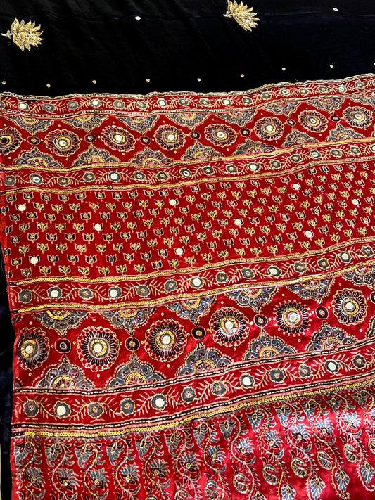 EBONY LOTUS - Pure Modal Ajrakh Hand Embroidered Saree