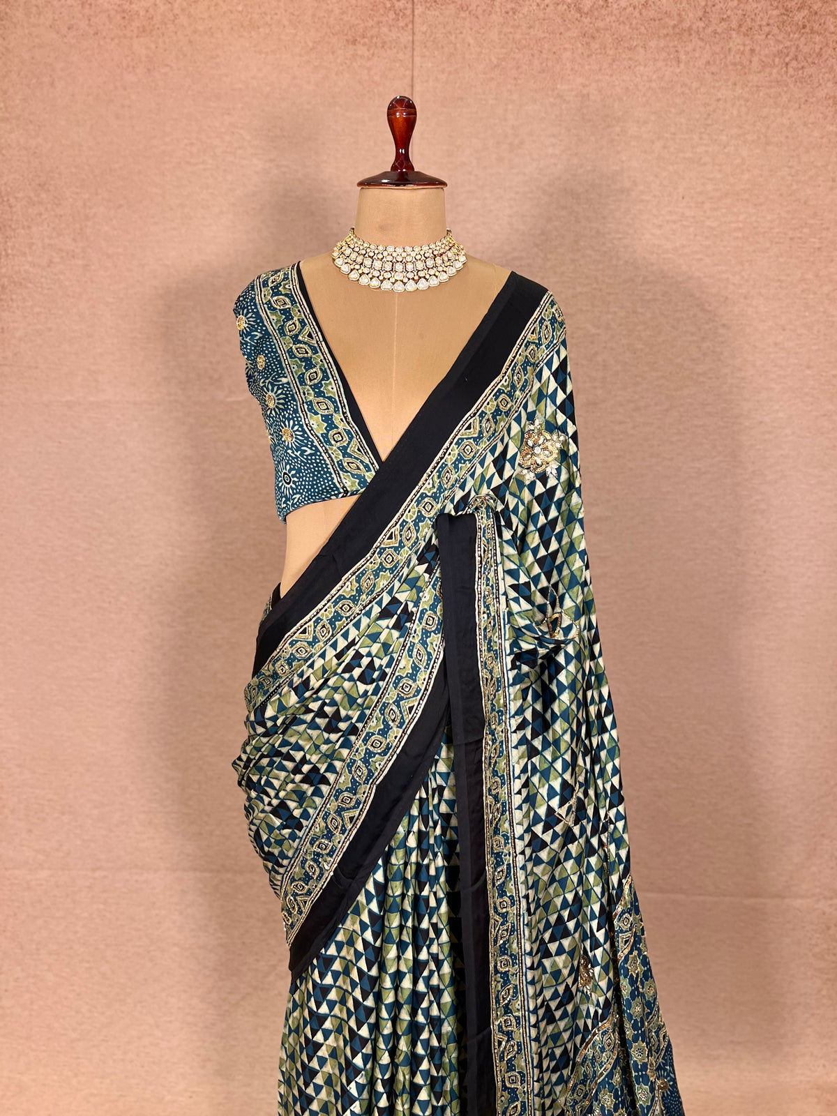 LAGOON DREAM - Pure Modal Ajrakh Hand Embroidered Saree