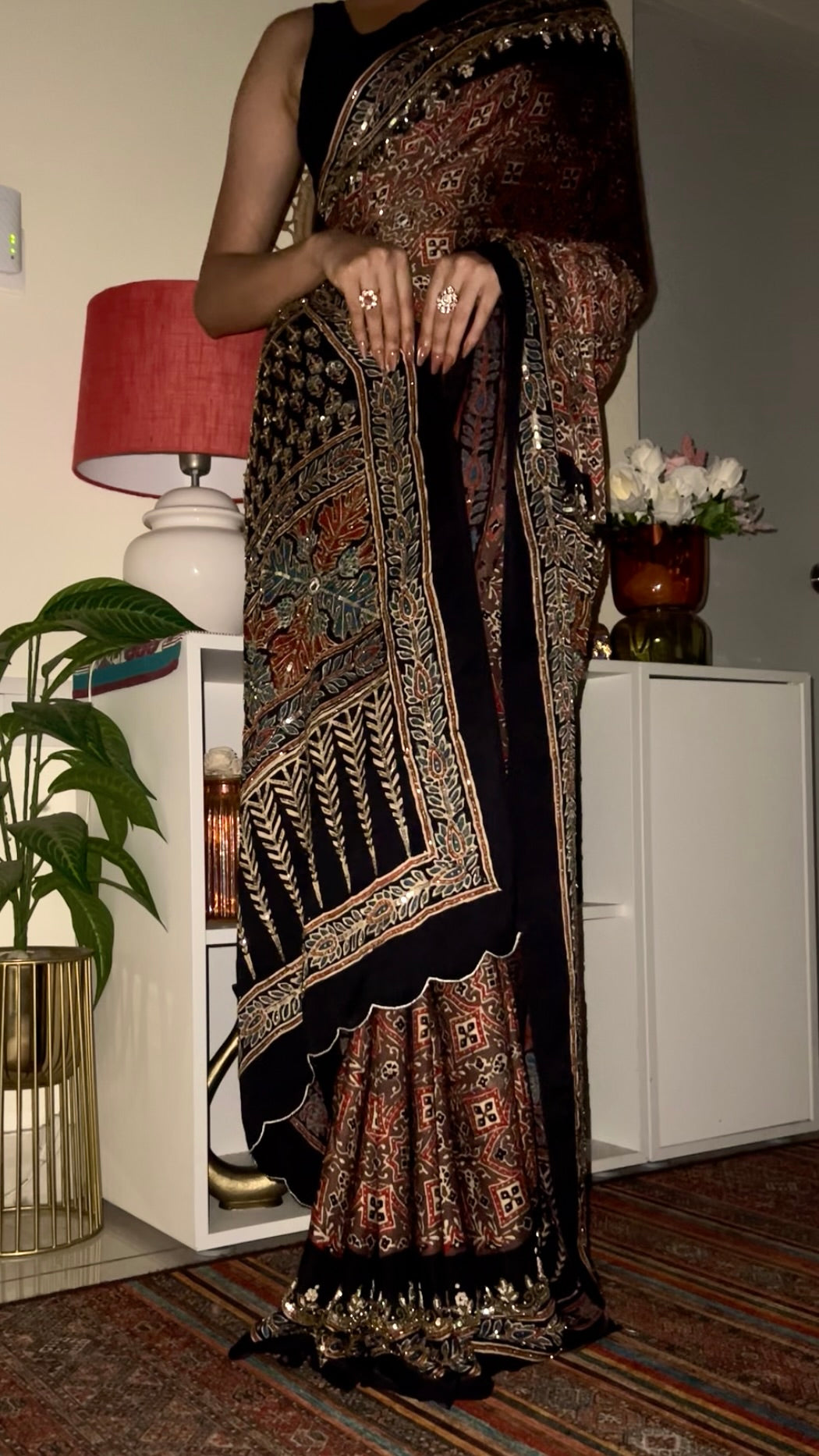 RUSTIC VELVET - Pure Modal Ajrakh Hand Embroidered Saree