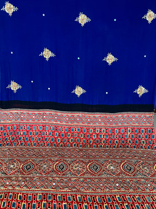 AZURITE ROSE - Pure Modal Ajrakh Hand Embroidered Saree