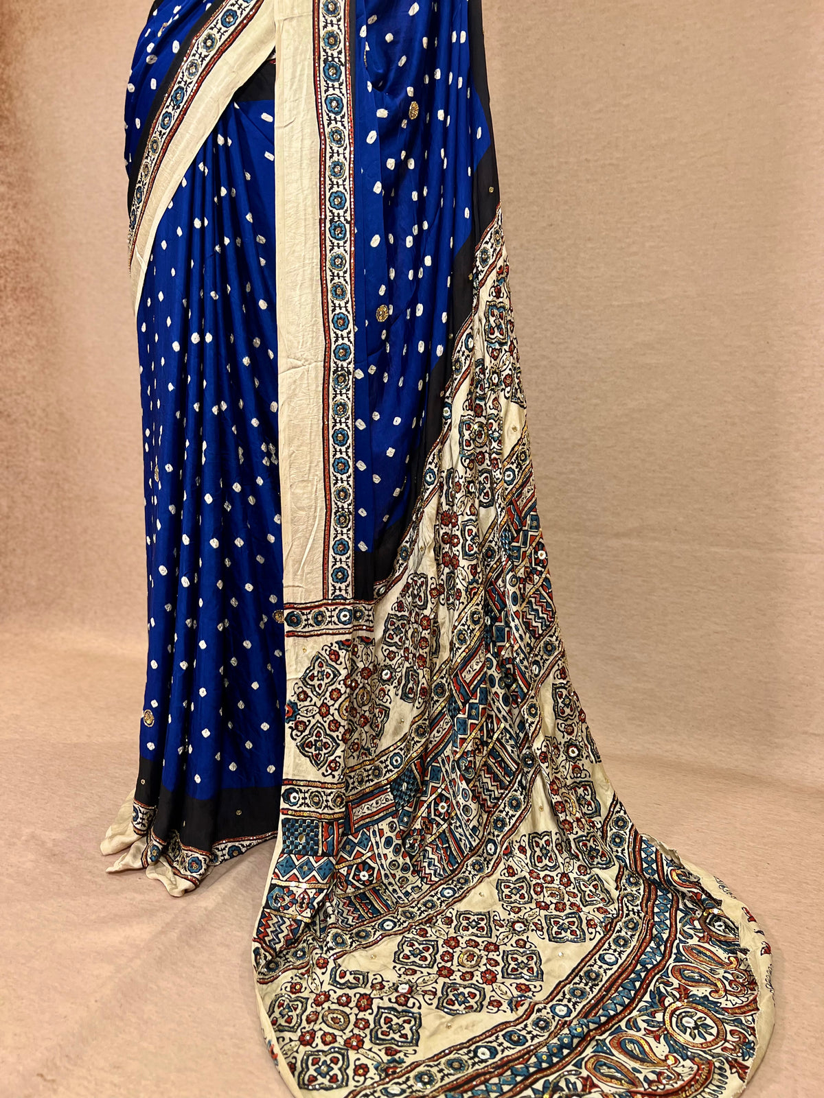 BLUE GRANDUER - Pure Modal Bandhani Ajrakh Hand Embroidered Saree
