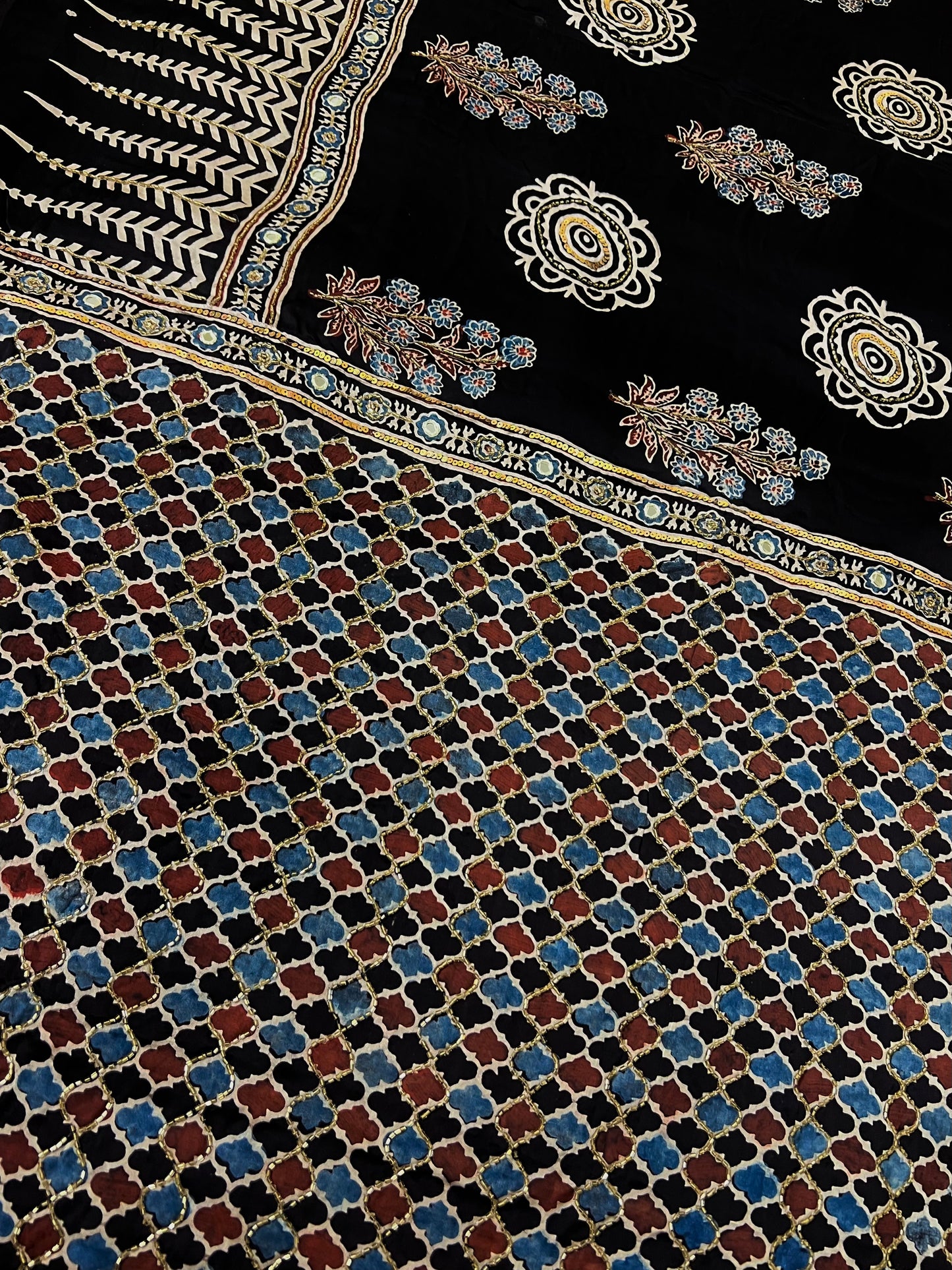 NIGHT BLOSSOM - Pure Modal Ajrakh Hand Embroidered Saree