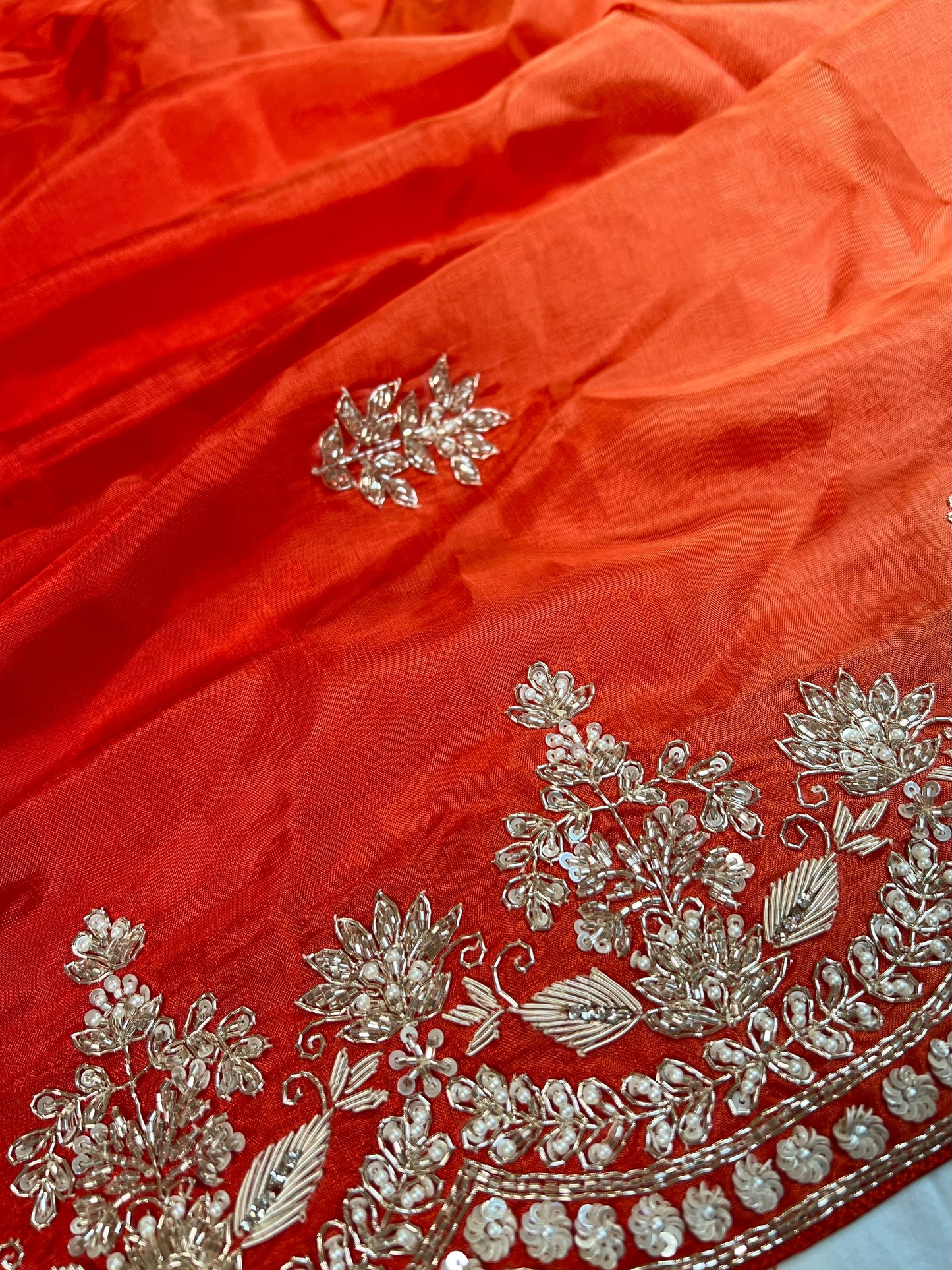Orange - Red Ombré Zardosi Embroidered Crepe Designer Saree with Unstitched Blouse