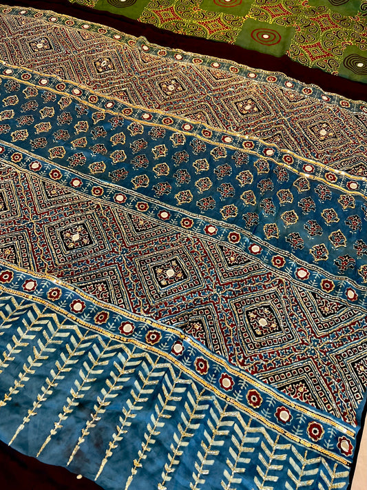 MOSS & SKY - Pure Modal Ajrakh Hand Embroidered Saree