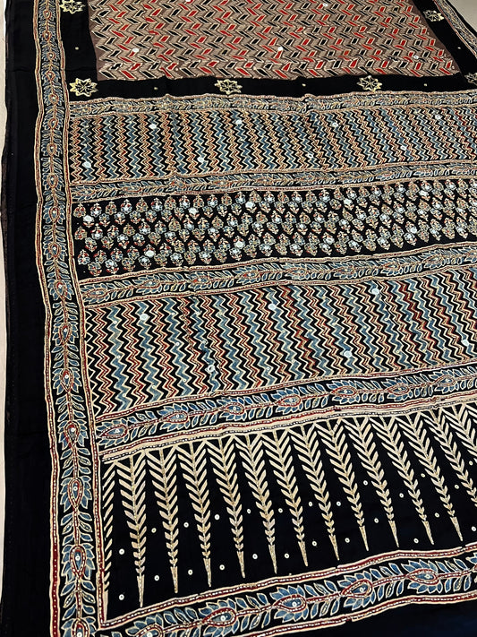 CHESTNUT MUSE - Pure Modal Ajrakh Hand Embroidered Saree