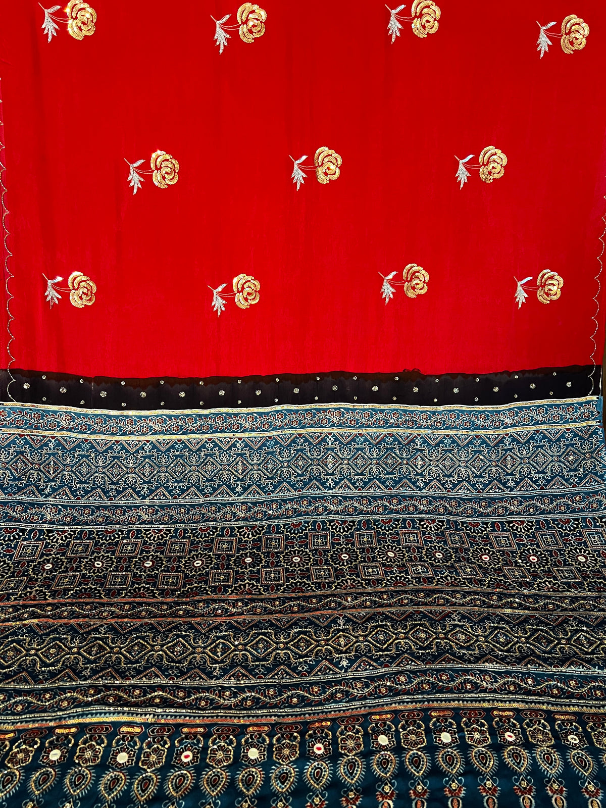 CRIMSON ROSE - Pure Modal Ajrakh Hand Embroidered Saree