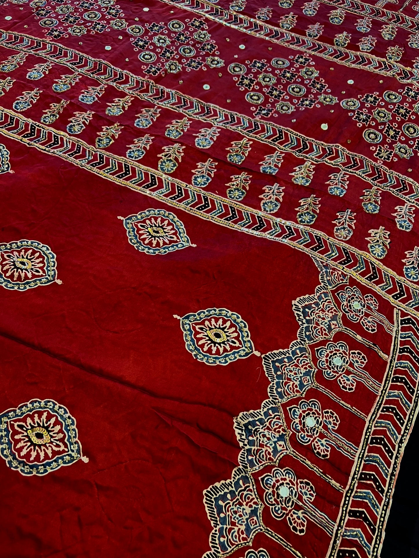 GARNET FLAME - Pure Modal Ajrakh Hand Embroidered Saree