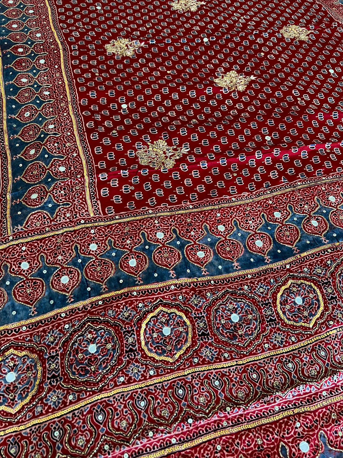 SECRET GARDEN - Pure Modal Ajrakh Hand Embroidered Saree