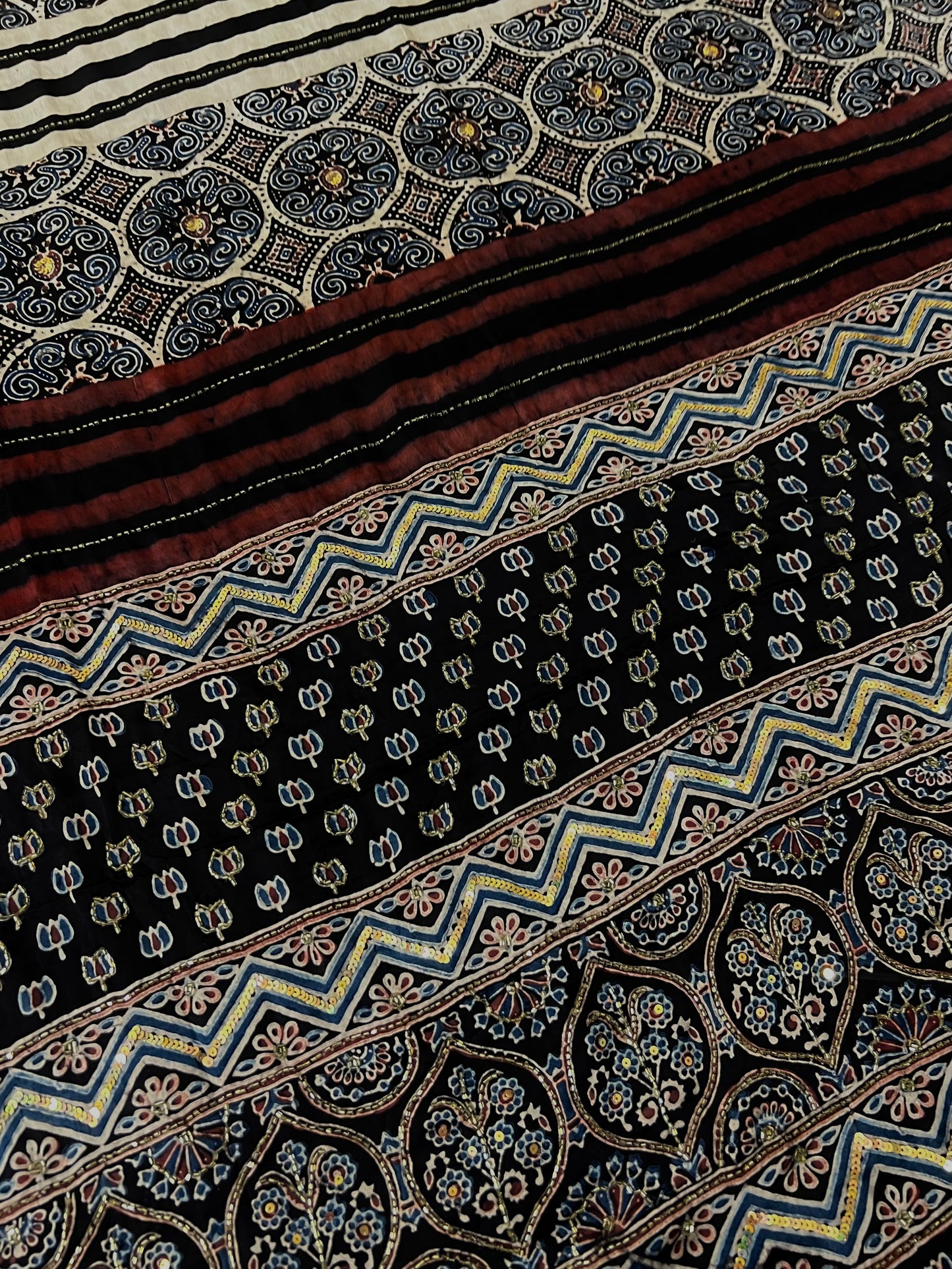 OBSIDIAN DREAMS - Pure Modal Ajrakh Hand Embroidered Saree