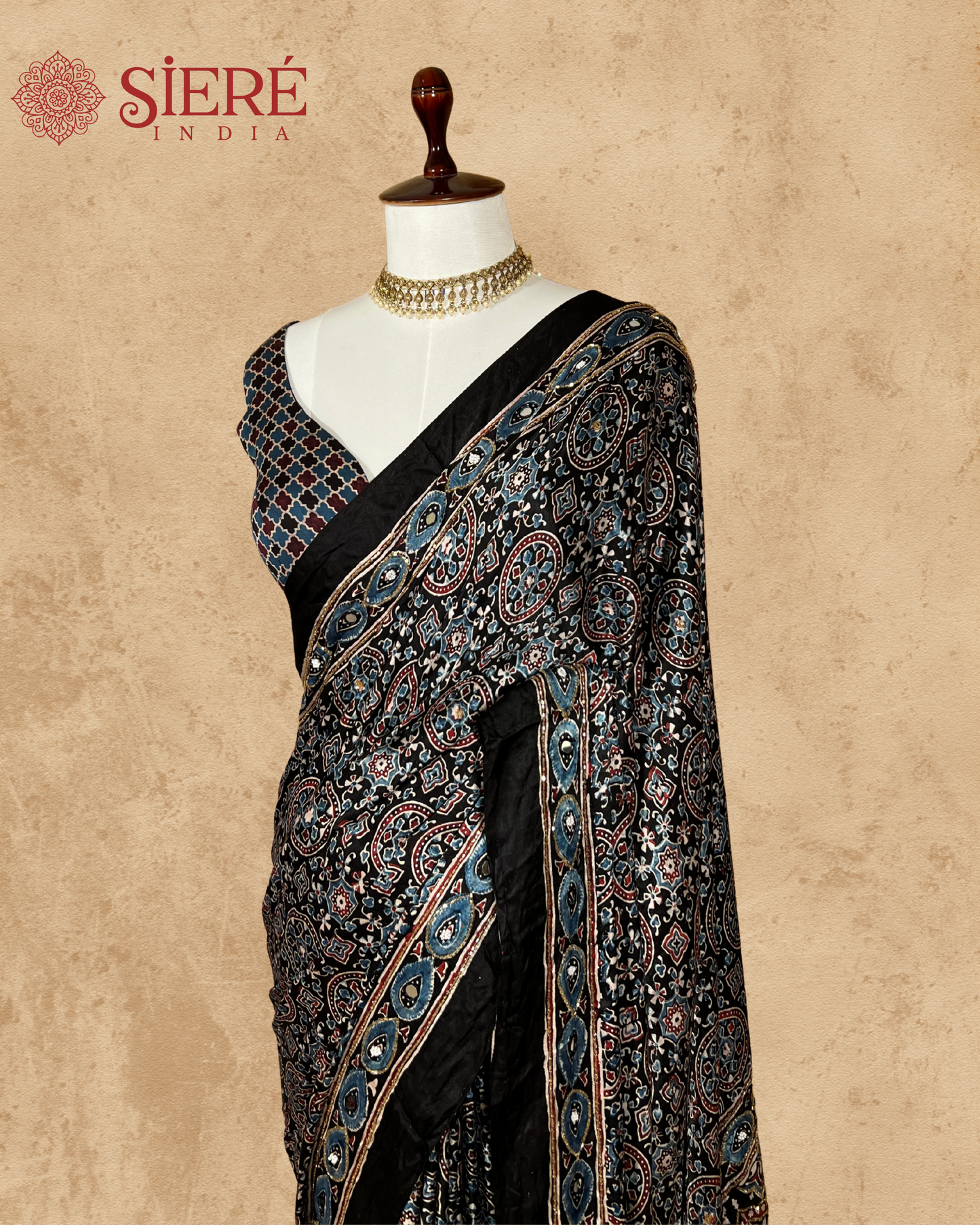 Black and Blue Pure Modal Ajrakh Hand Embroidered Saree