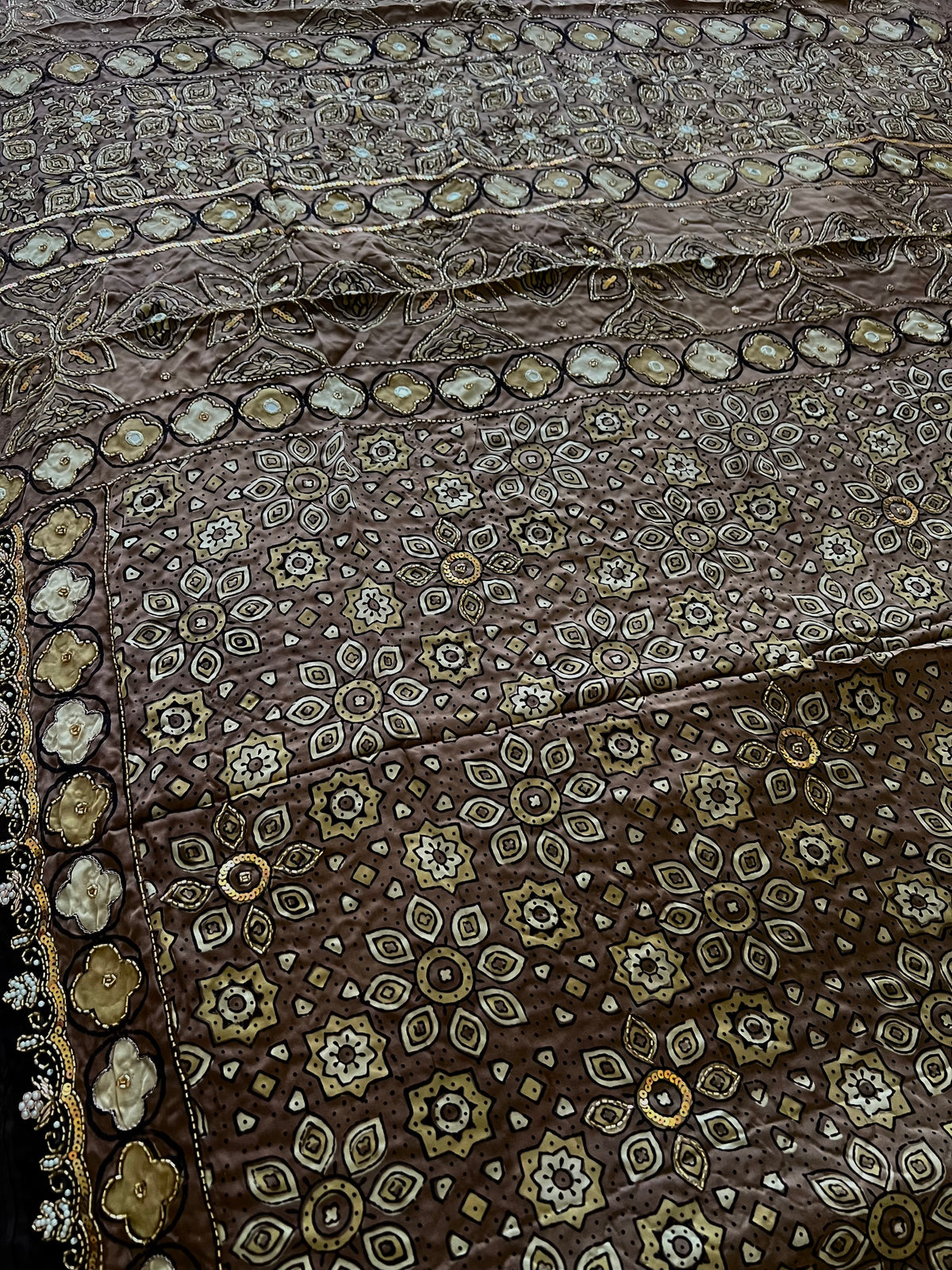MOCHA BLOOM - Pure Modal Ajrakh Hand Embroidered Saree