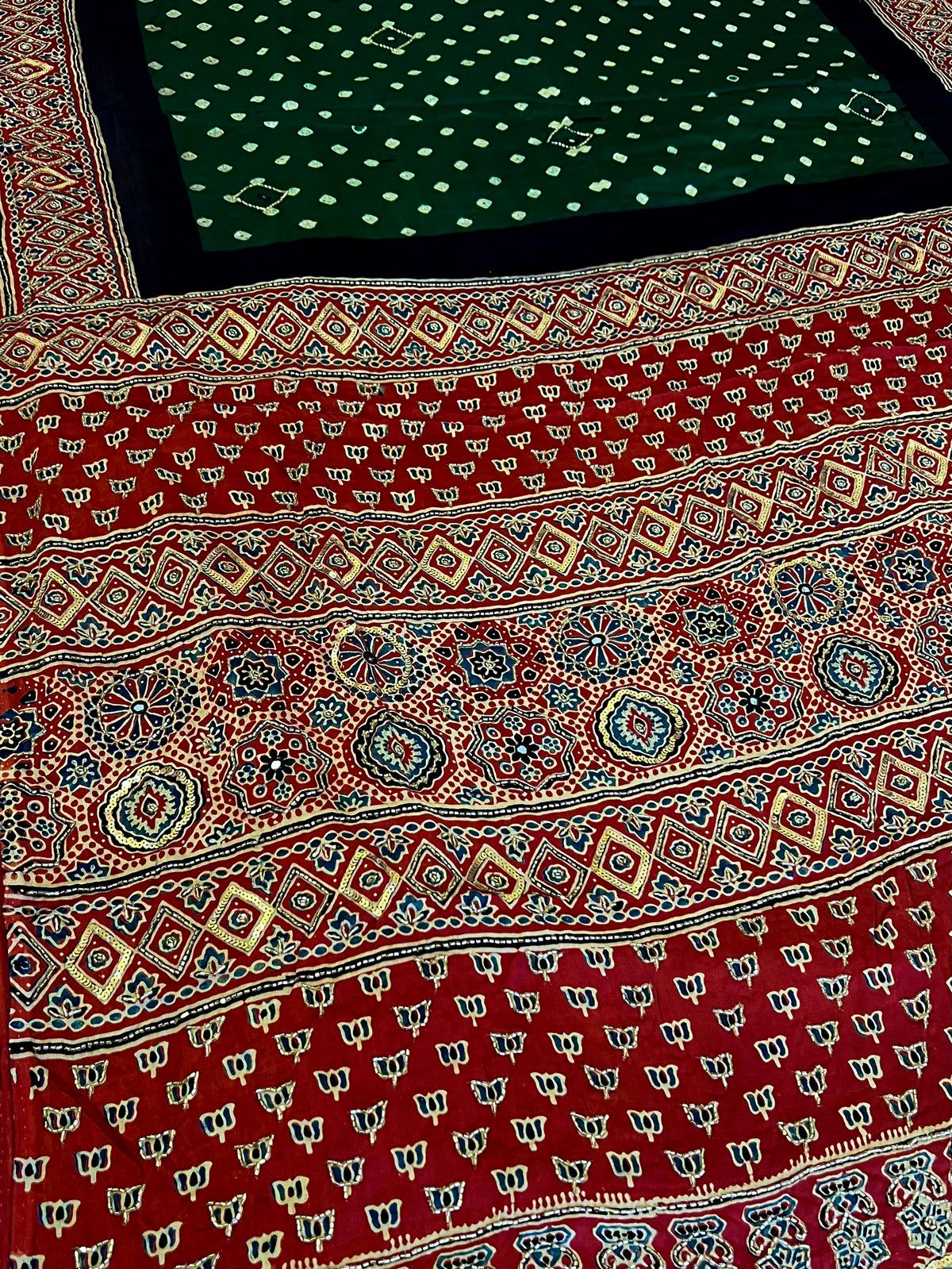 GREEN REGALIA - Pure Modal Bandhani Ajrakh Hand Embroidered Saree