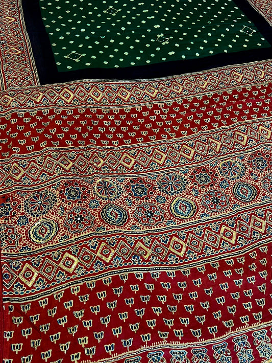 GREEN REGALIA - Pure Modal Bandhani Ajrakh Hand Embroidered Saree