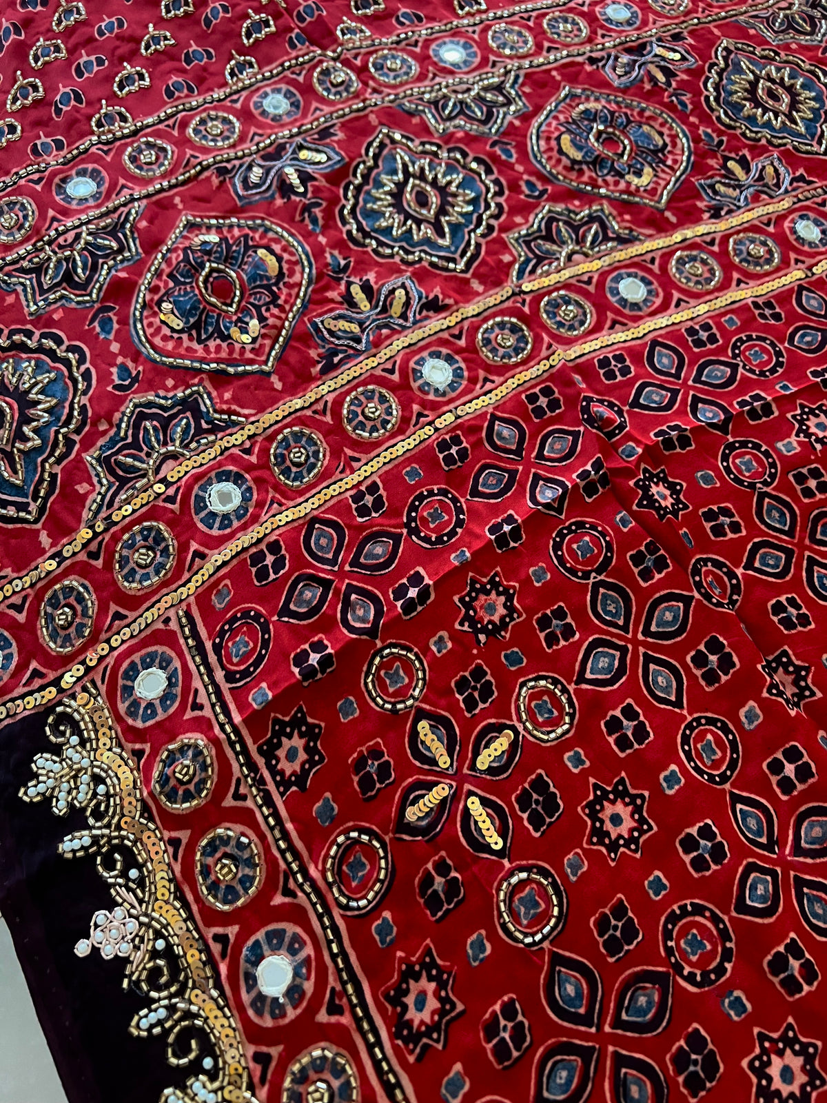 CRIMSON STARDUST - Pure Modal Ajrakh Hand Embroidered Saree