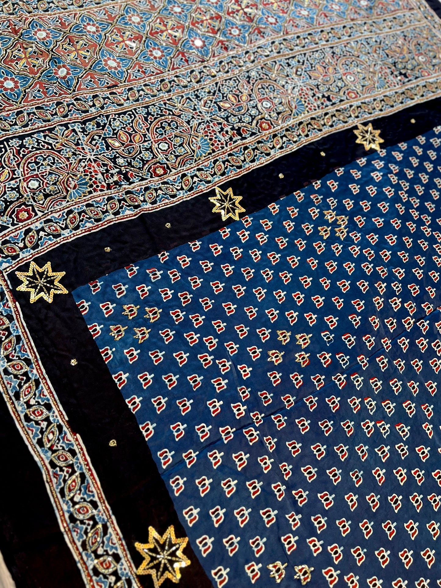 COBALT BLOOM - Pure Modal Ajrakh Hand Embroidered Saree